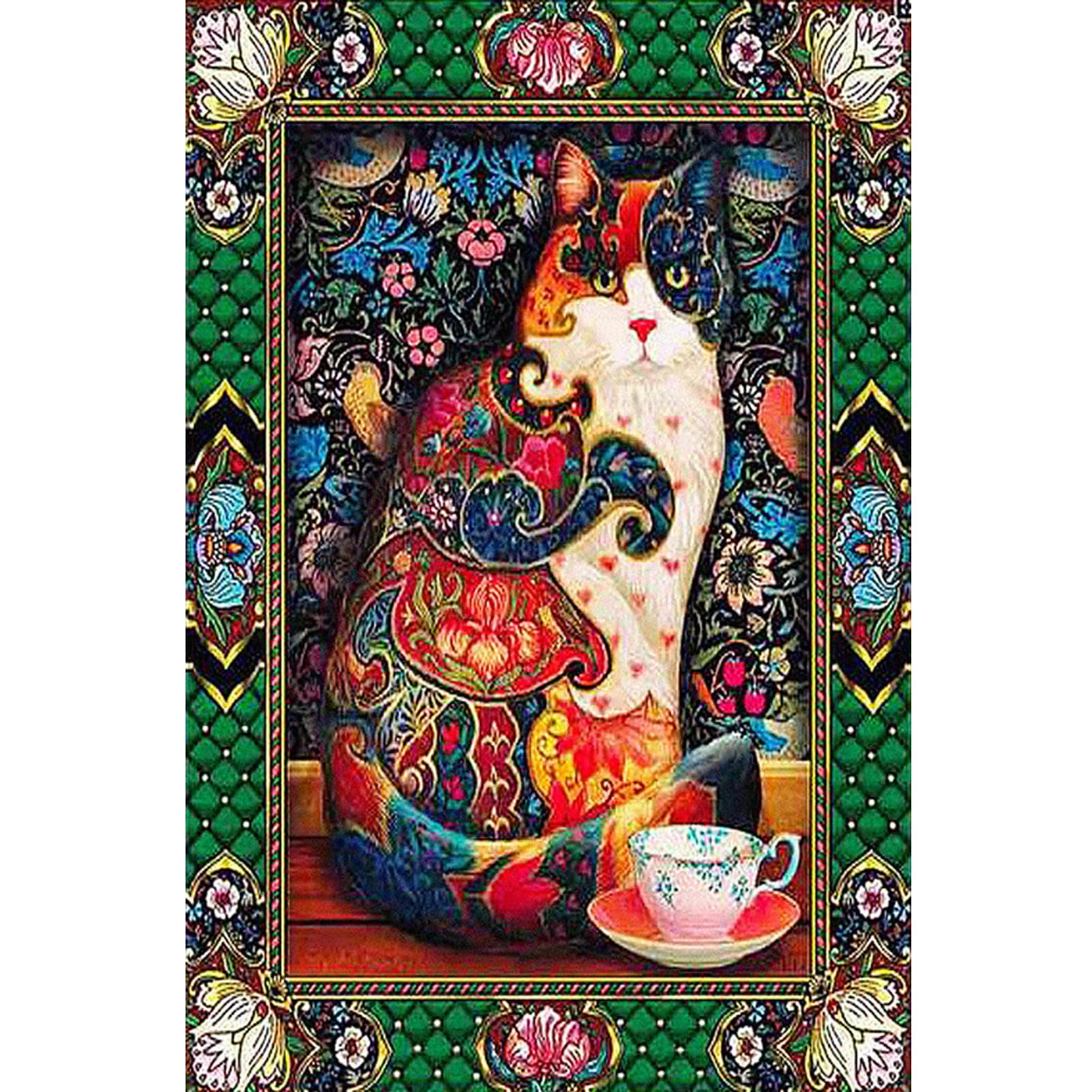 TOCARE Abstract Cat Diamond Painting Kits for Adults, Cup Cat Diamond Art Kits for Adults 16x20Inch,Full Drill Diamond Painting Kits Animals