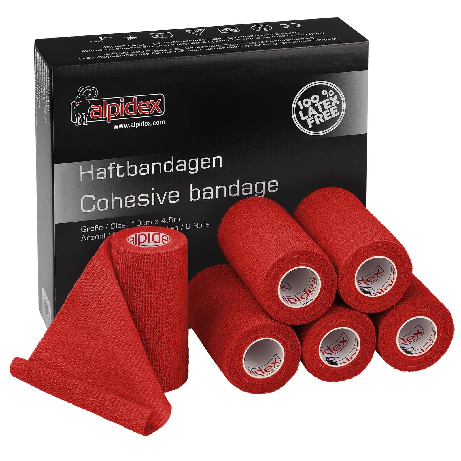 ALPIDEX 6 Rolls Adhesive Bandage 10 cm x 4.5 m Cohesive Self Adhesive Elastic Pet Bandages Fixation Tape Sport Vet Wrap Tape Horses Dogs Humans, Colour:red