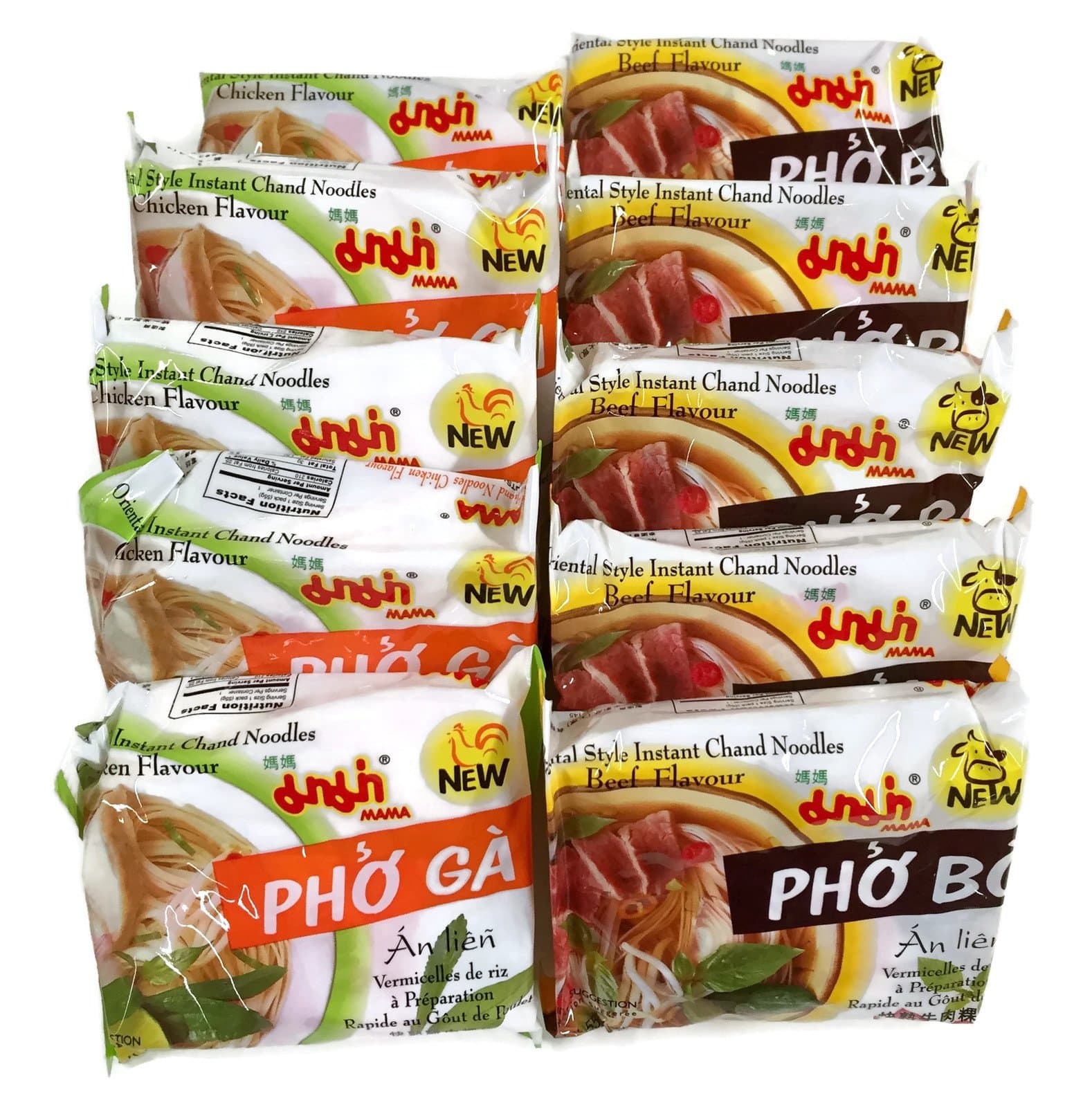 MAMA Instant Chand Noodle Soup, 1.93 Oz. Packets (Set of 10) (Beef (Pho Bo) + Chicken (Pho Ga))