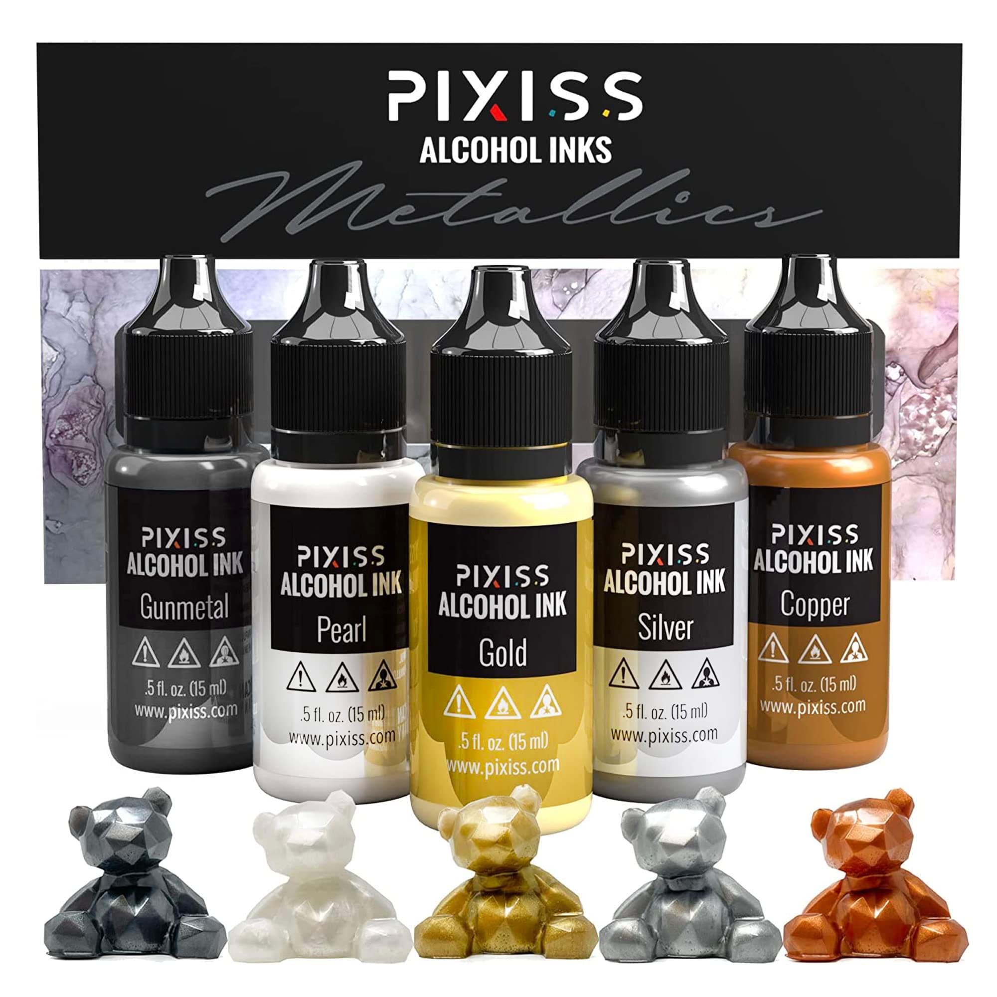 Metallic Alcohol Ink Set - Gold, Silver, Gunmetal, Copper, Pearl with Extreme Shimmer - Large 0.5 Ounce Inks