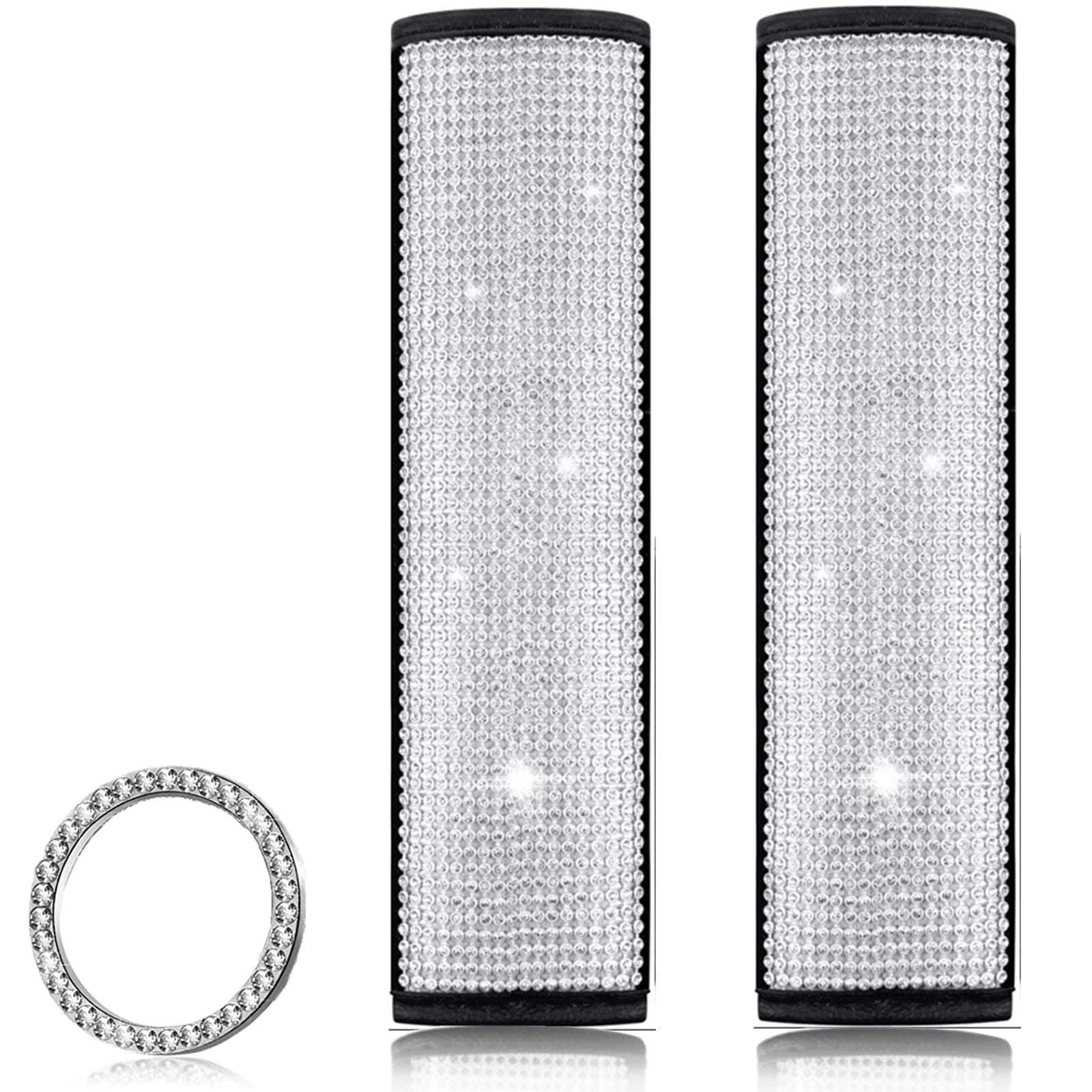 Frienda 2 Packs Bling Seat Belt Cover for Women, Rhinestone Crystal Glitter Seat Belt Leather Shoulder Pads Car Decor Accessories with Start Button Ring Sticker