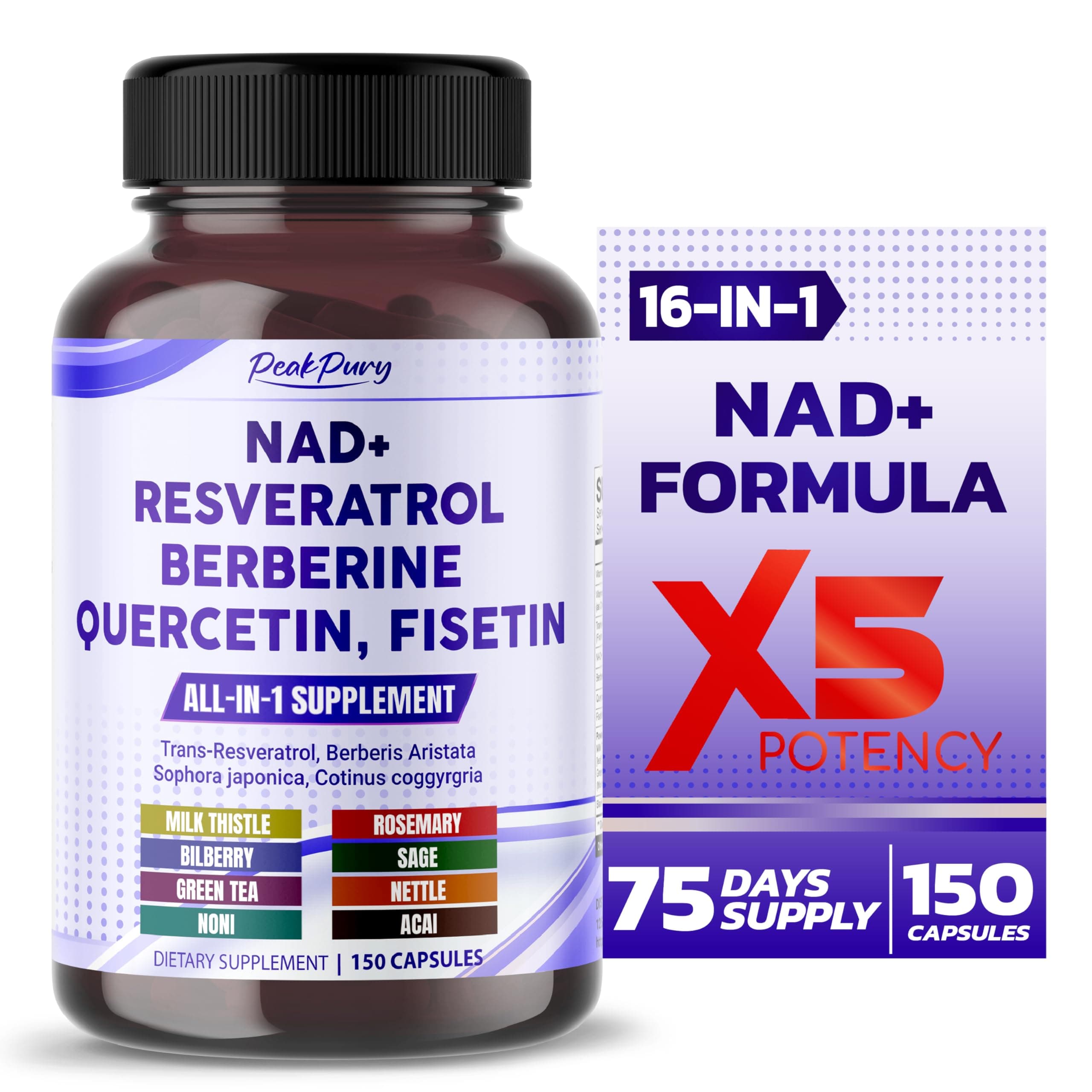 PEAKPURY NAD+ Trans-Resveratrol Berberine Quercetin Fisetin Milk Thistle