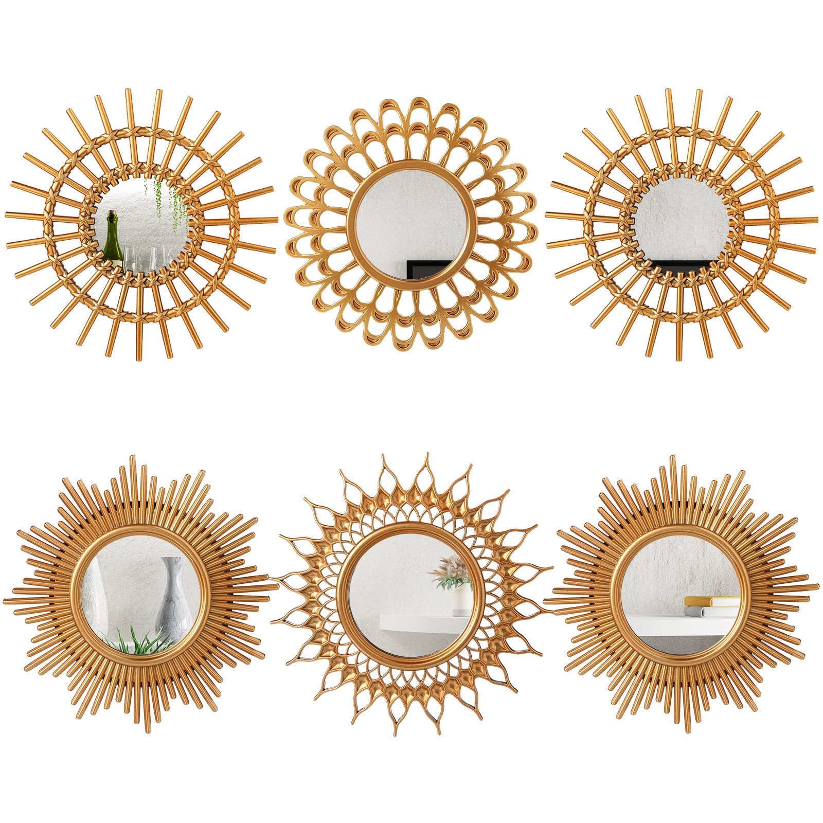 Namalu 6 Pcs Mirrors for Wall Decor, Small Circle Sun Mirrors Espejos Decorative Wall Art Entryway Mirror Hanging Circle Mirror for Wall Home Decor Bathroom Bedroom Living Room (Gold,Classic)
