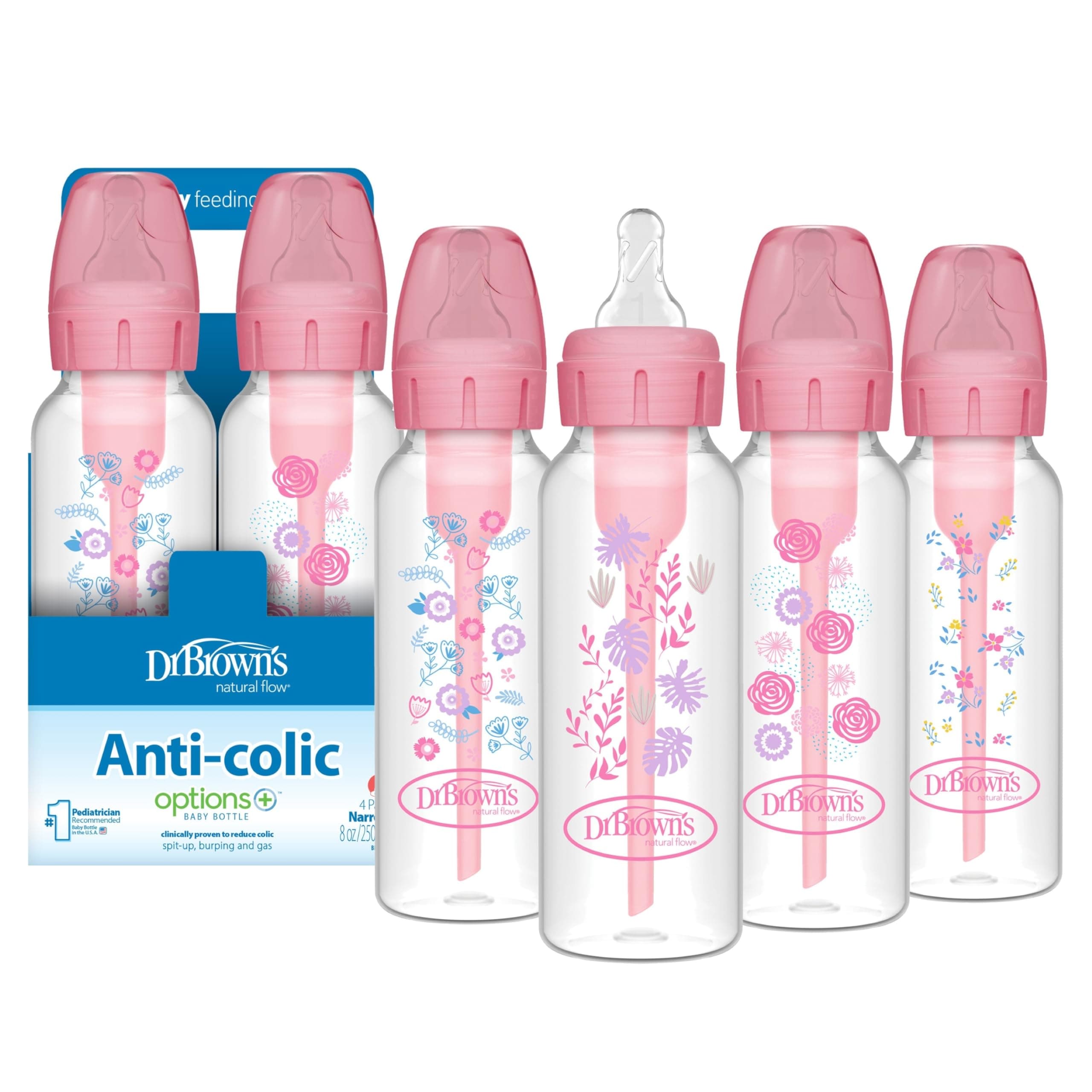 Dr. Brown's Natural Flow® Anti-Colic Options+™ Narrow Baby Bottles 8 oz/250 mL, with Level 1 Slow Flow, 4 Pack, Pink Floral, 0m+