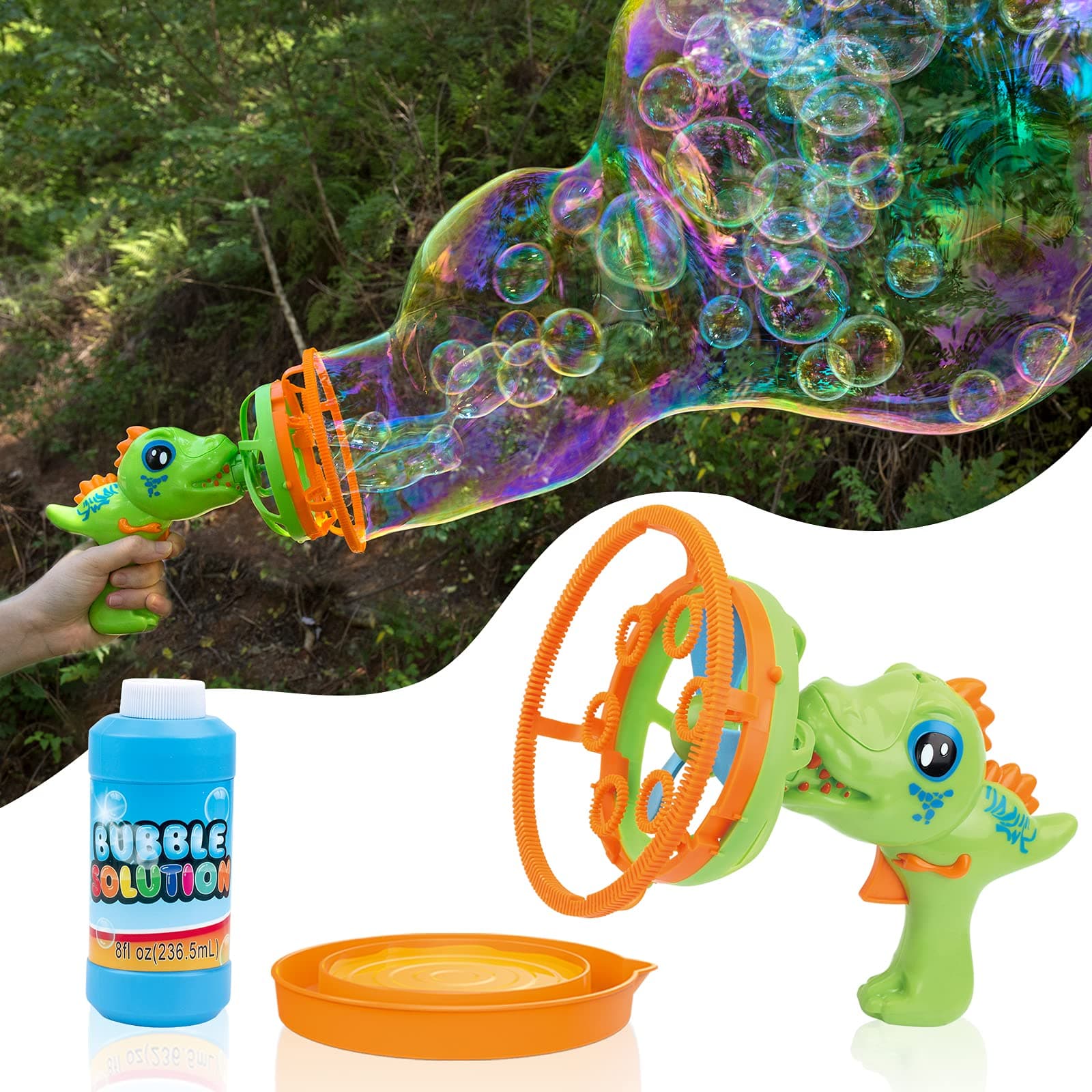 Dinosaur Bubble Machine Double Big & Small Bubble Blower Bubble Gun Toy for Kids 3 4 5 Year Old Boy Girl, Bubble Maker with 8 Floz Bubble Solution Gifts Outdoor Activity, Summer Toy