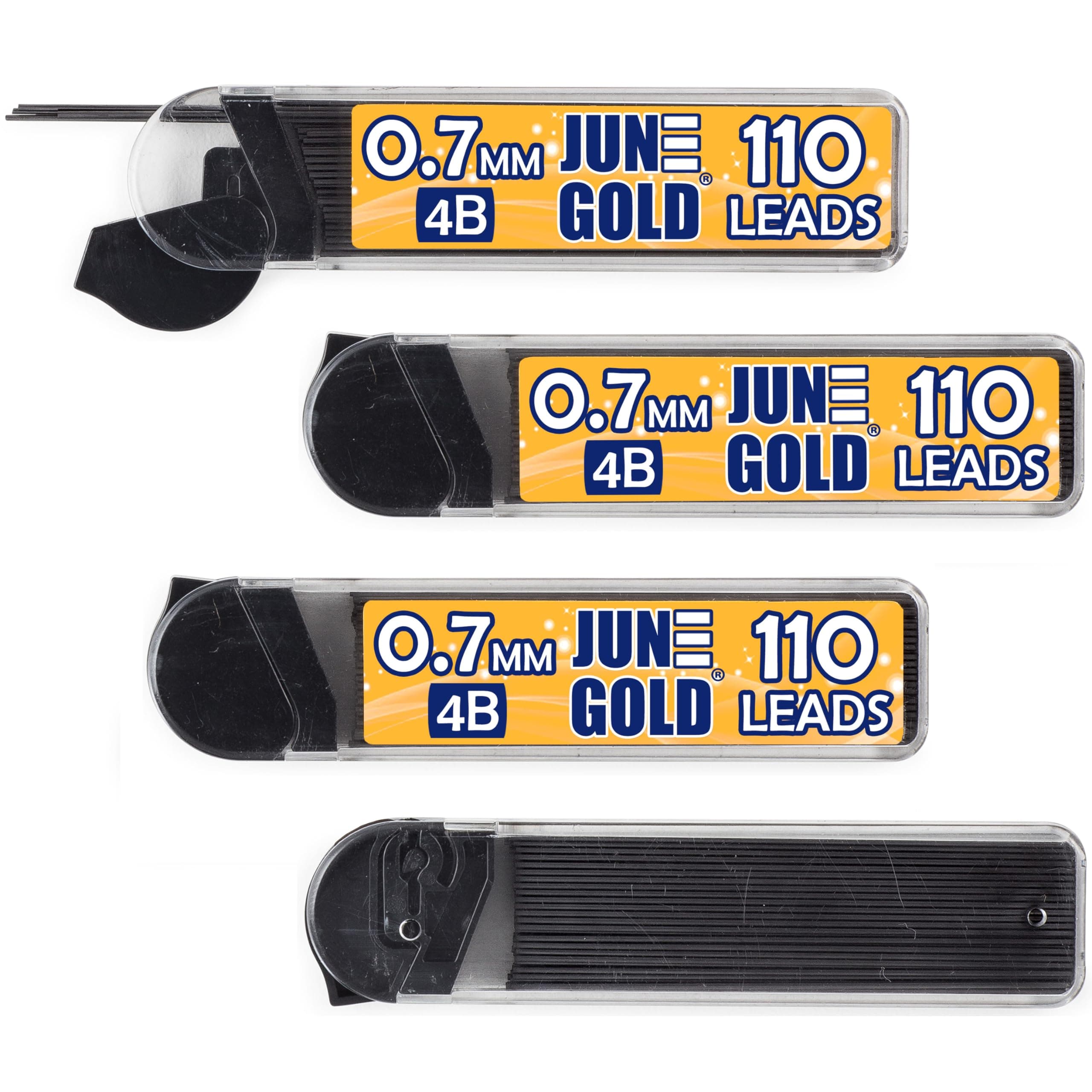 June Gold 440 Pieces, 0.7 mm 4B Lead Refills, 110 Pieces Per Dispenser, Medium Thickness, Break Resistant Lead/Graphite (Pack of 4 Dispensers)