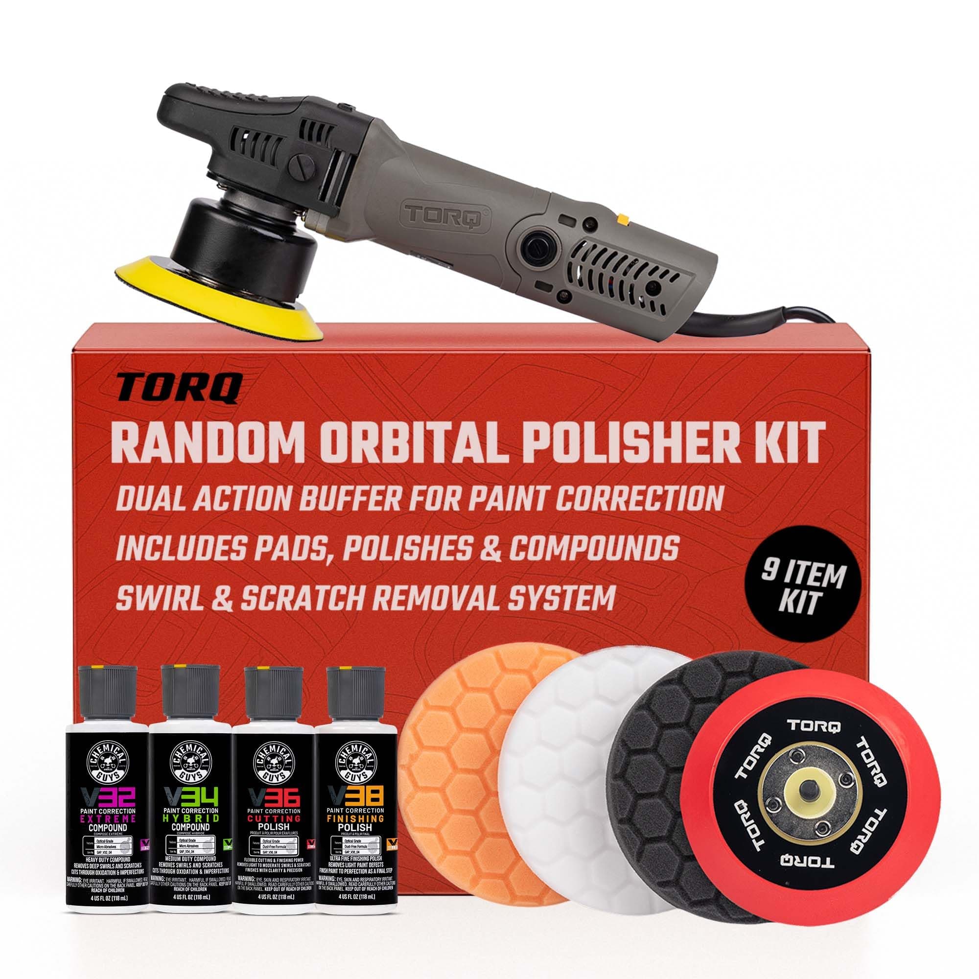 Chemical Guys TORQX Random Orbital Polisher, Pads, Polishes, and Compounds Kit - Car Polishing Kit Safe for Trucks, SUVs, Motorcycles, and More, 700W Motor, 8mm Orbit, 9-Piece Set