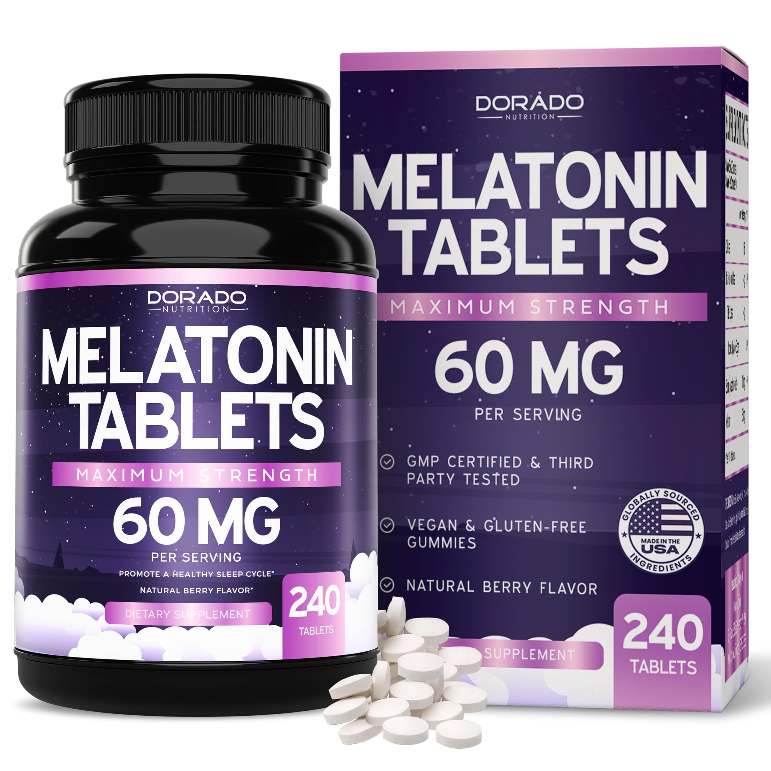 Melatonin 60mg Complex Tablets for Adults (240 Count) - Fast Dissolve Tablets - Extra Strength Support - Gluten-Free, Non-GMO, 100% Vegetarian, & Great Tasting - Mixed Berry Flavor - 240 Tablets