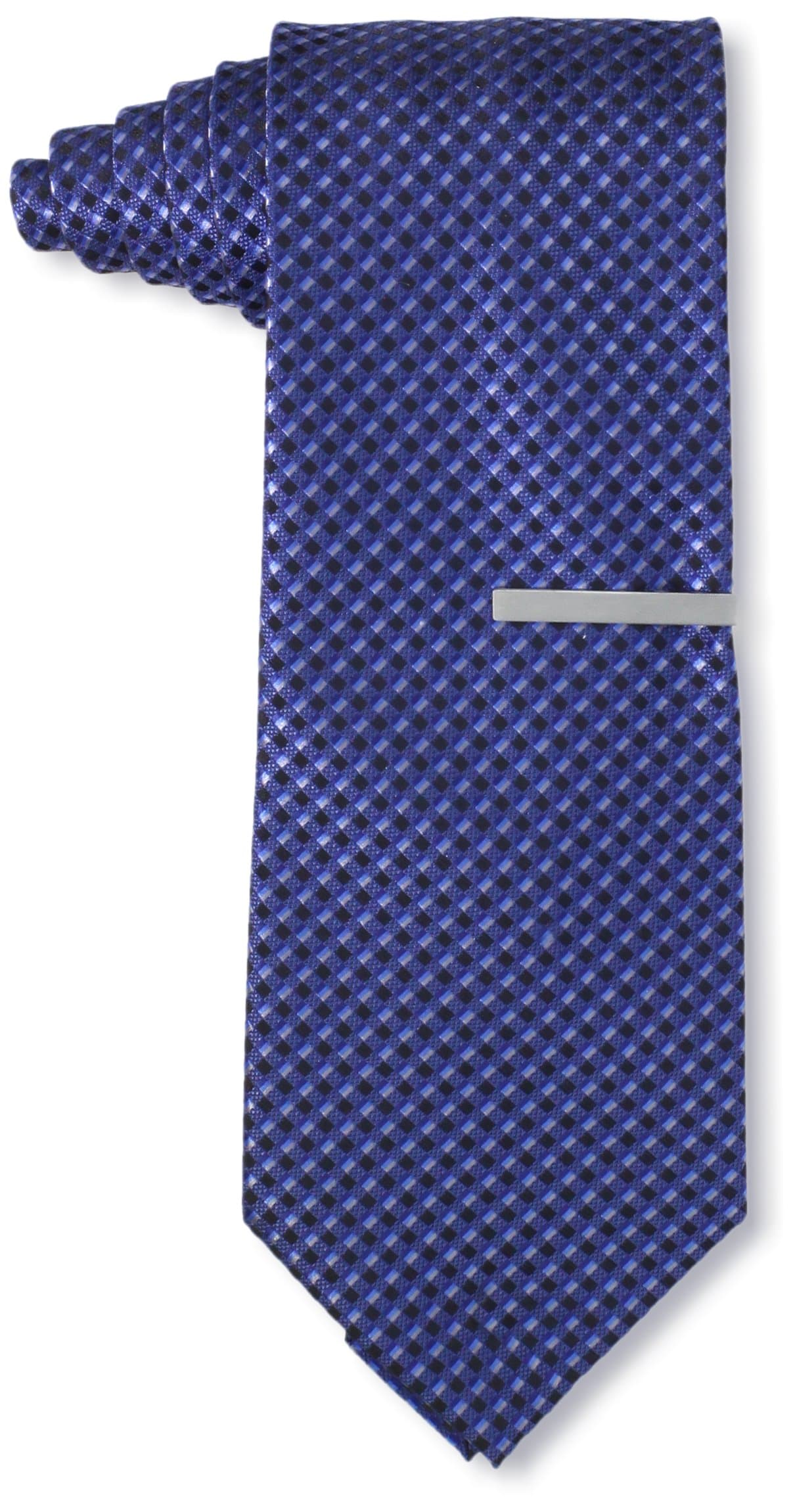 Men's Grid Necktie With Added Tie Bar, Blue, One Size