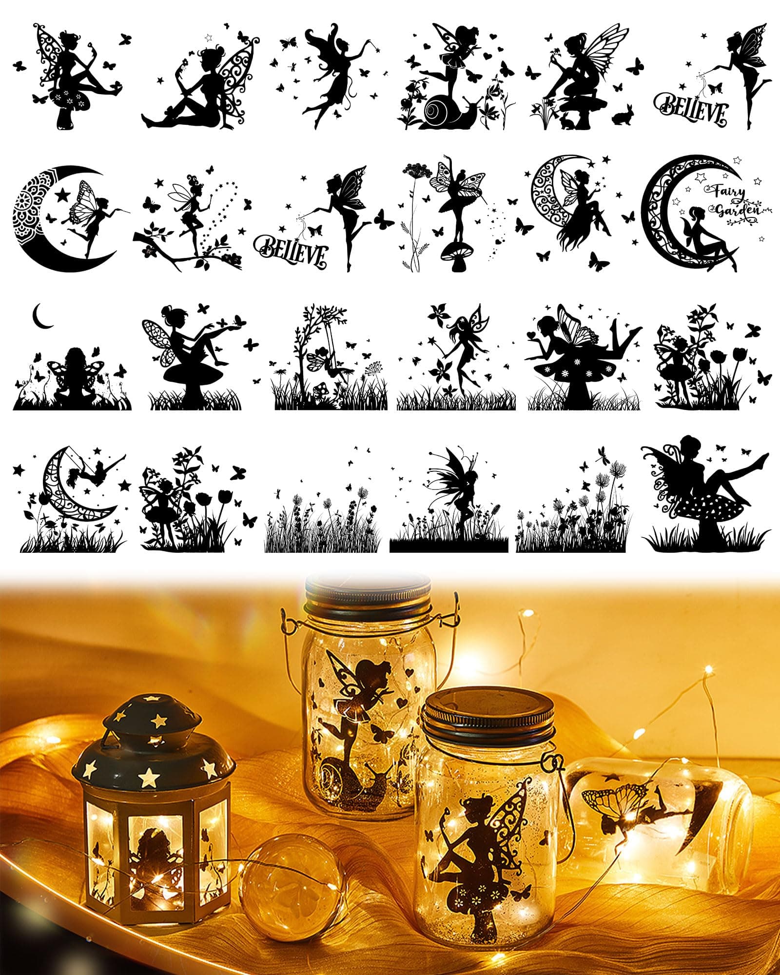 Lewtemi24 Pcs Plastic Laser Cutouts for Mason Jars, 3.94x3.54 Inch Silhouette Ornaments - DIY Crafts & Scrapbook Supplies for Lantern Decor, Not Stickers(Fairy)