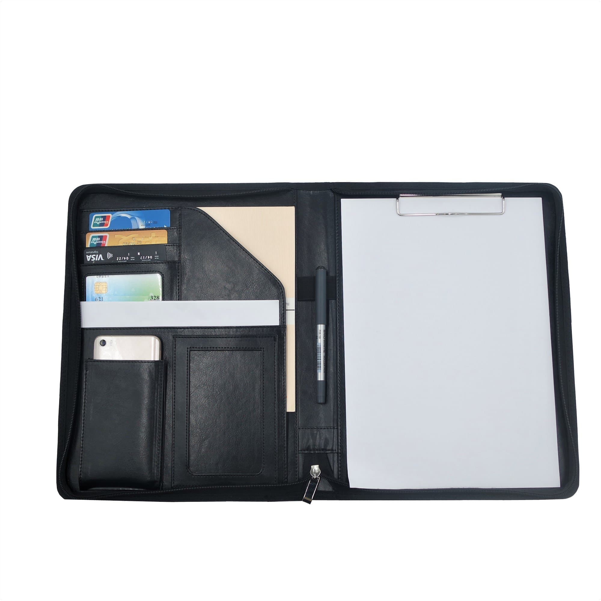 Conference Folder Leather Portfolio Document Organiser A4 Size Zippered Writing Leather Professional Padfolio Holder for Business Trips Pad with Pockets and Card Holders
