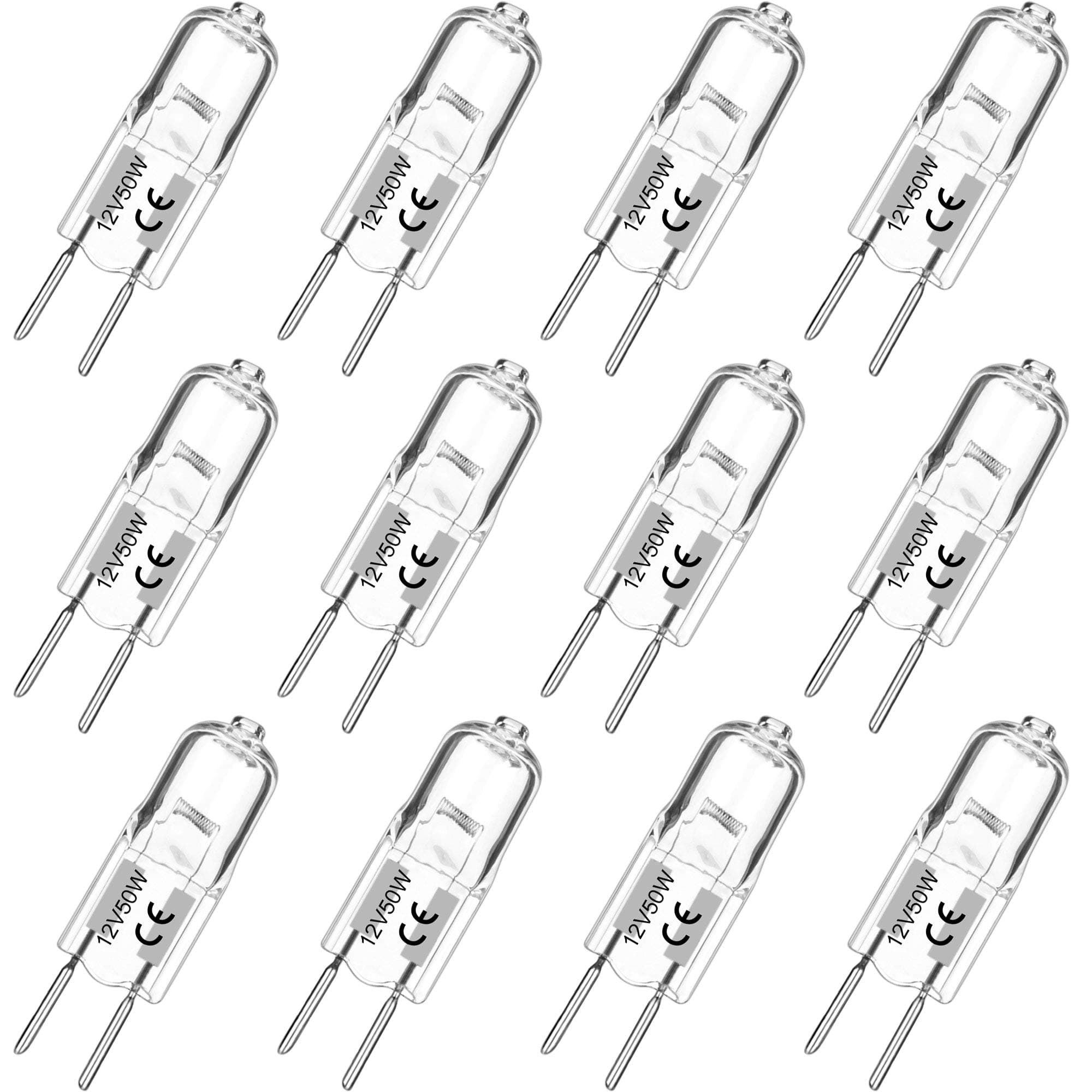 12 Pack GY6.35 Halogen Bulbs Bi-Pin 12 Volt 50 Watt, Replacement T4 Tubular JCD Type Bulbs for Ceiling Lights,Table Light,Cabinet Lights