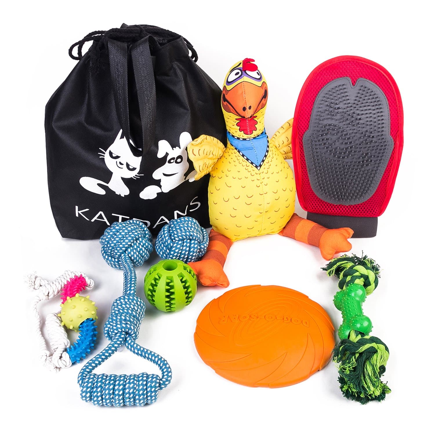 KATDANS Pet Toy Set 8 Pack Including Dog Rope Toys, Dog Frisbee, Squeaky Stuffed Dog Toy, Dog Ball, Interactive Dog Chew Toy, Pet Deshedding Brush Glove, Storage Pouch for Small Medium Large Breeds