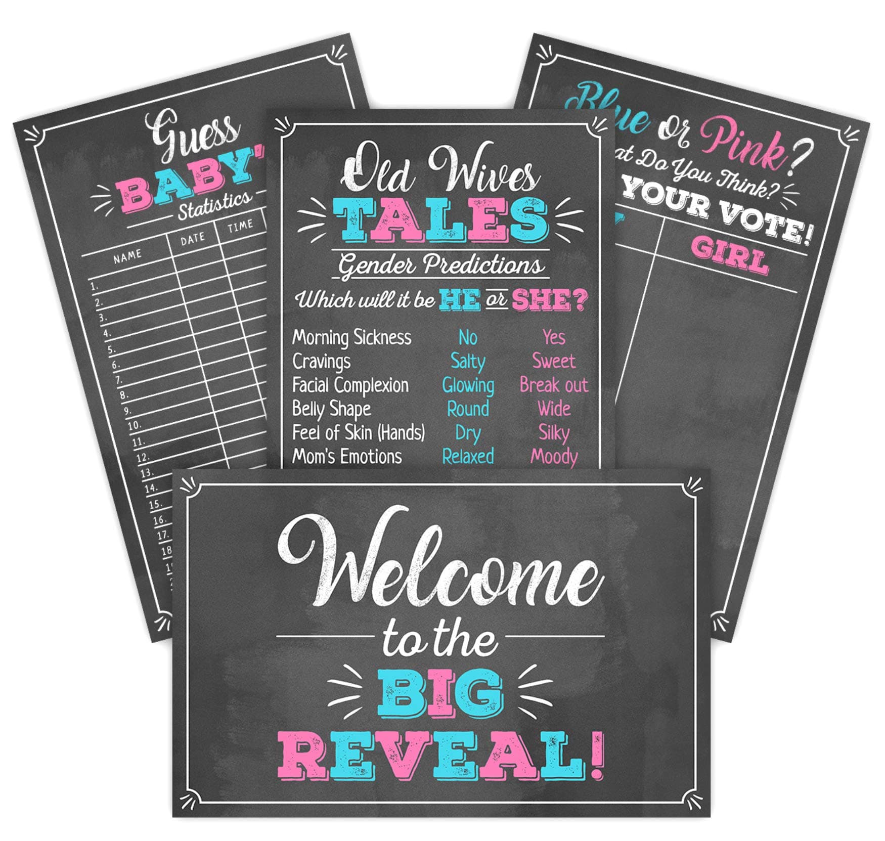4 Gender Reveal Party Game Posters and Decorations Kit- 11 x 17"- Old Wives Tales, Voting Scoreboard, Baby Birth Predictions, Welcome Sign & A White Metallic Marker- Black, Pink & Blue- Boy or Girl