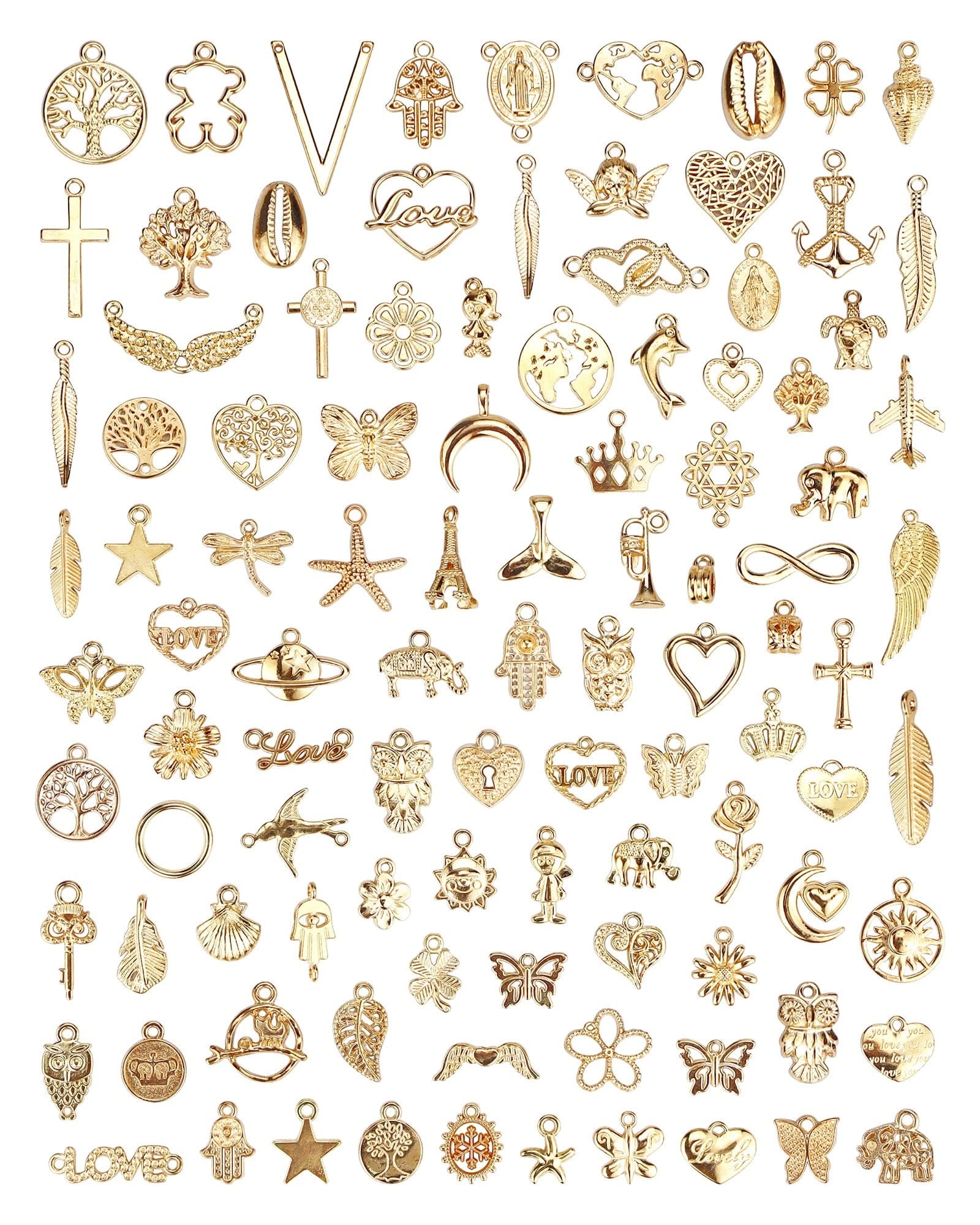 100 Pcs Wholesale Bulk Lots Jewelry Making Charms, Mixed Golden KC Gold Alloy Charms Pendants for Necklace Bracelet Jewelry Making and Crafting supplies