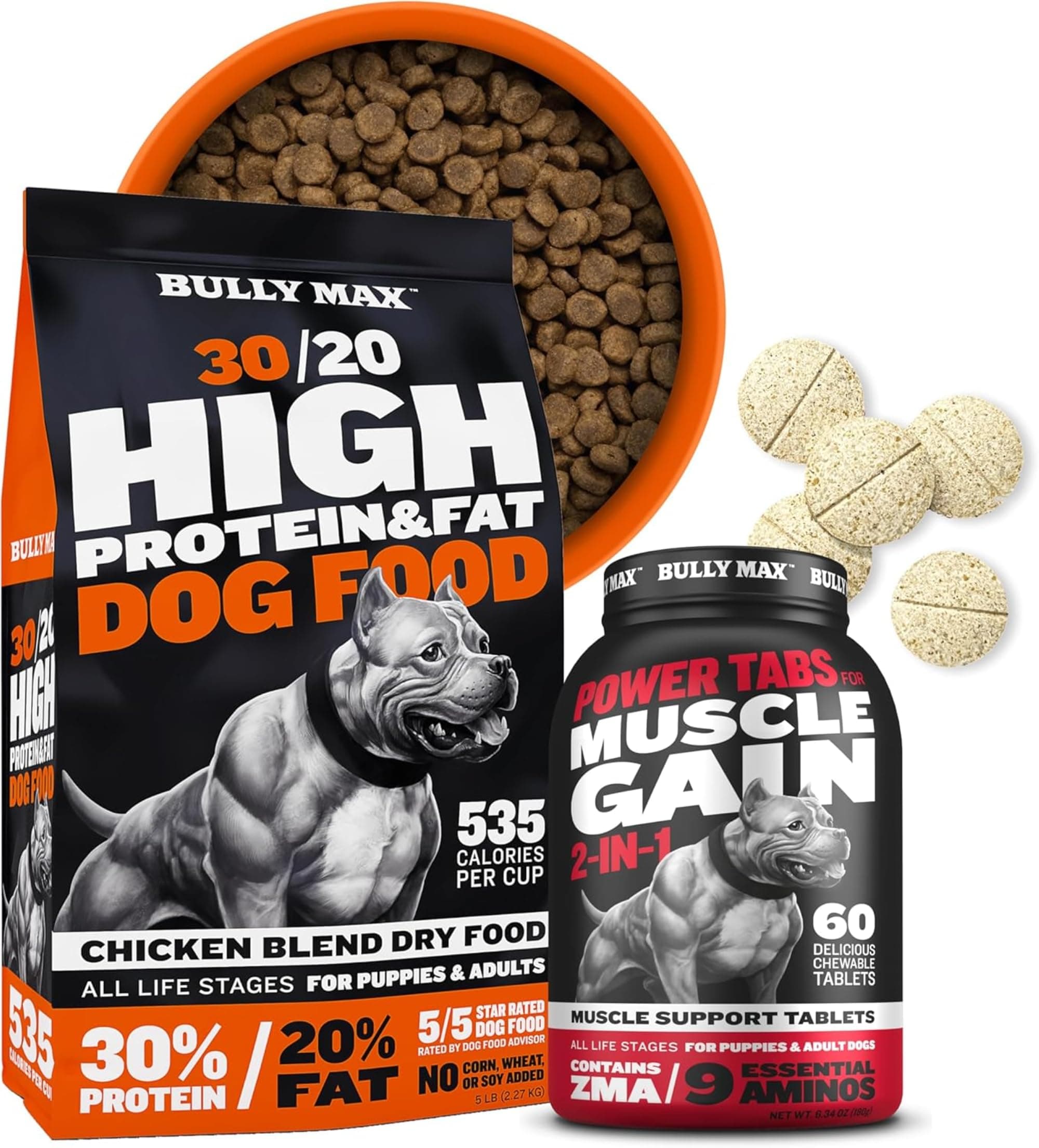 Bully Max 30/20 High Protein Dry Dog Food (5lbs. Bag) and Muscle Builder Multivitamin Supplement (60 tabs) Bundle for Puppies & Adults, All Breeds – Supporting Balanced Canine Nutrition Daily Vitality