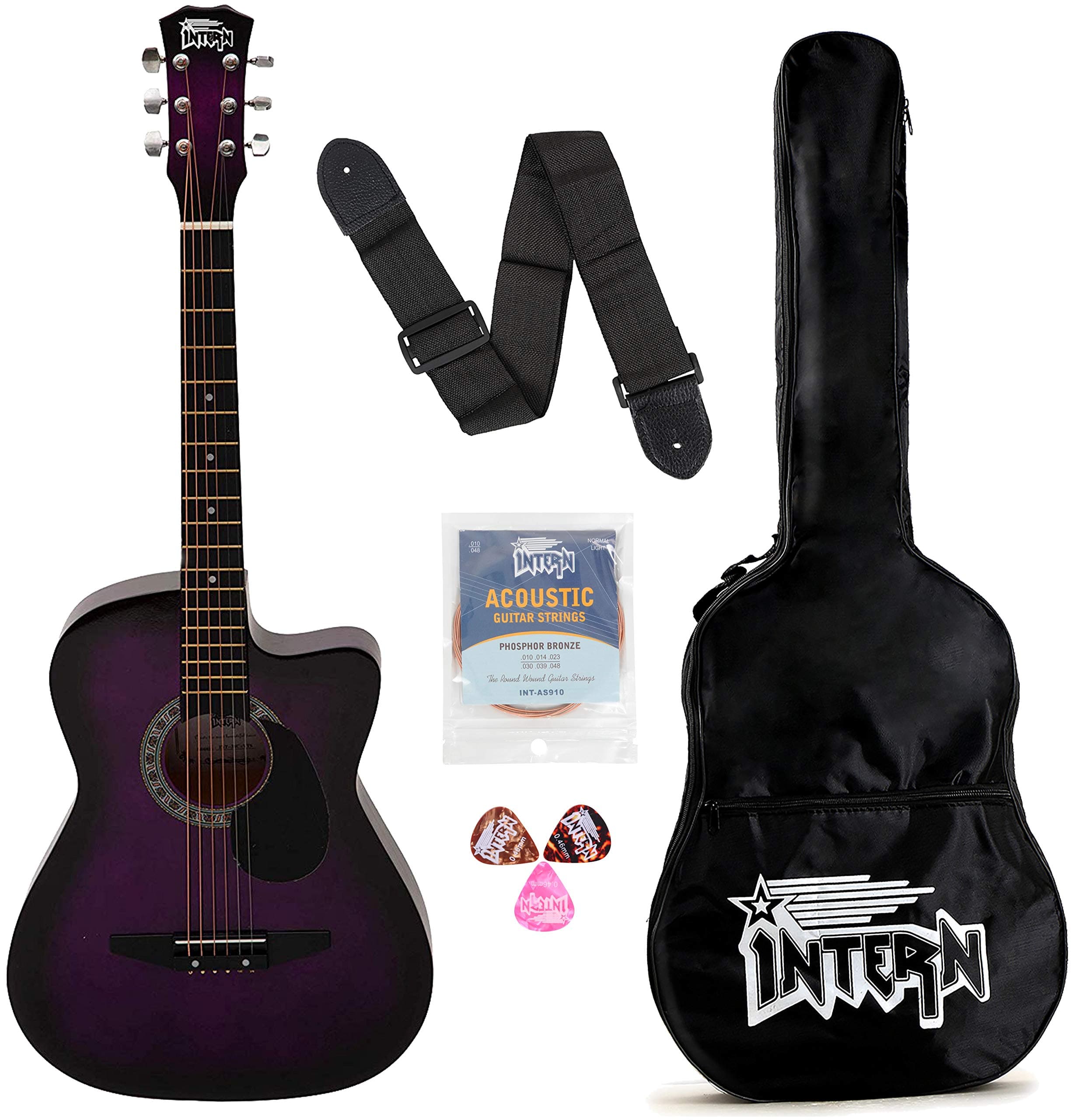 InternINT-38C-VT-G 38 Incheses Cutaway Right HAnded lindenwood Acoustic Guitar Kit, With Bag, Strings, Pick And Strap (Violet, 6-Strings)