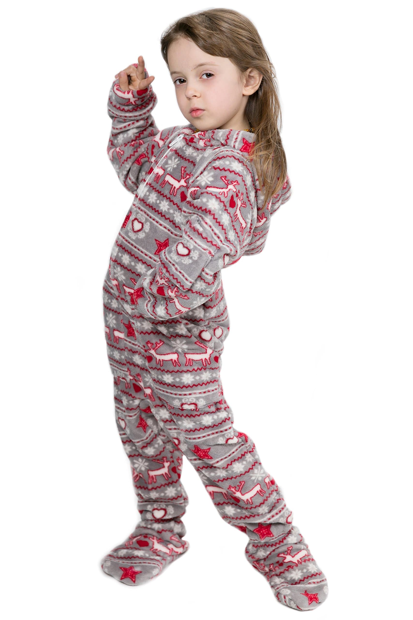 Kajamaz Christmas Dream Adult Footed Pyjamas, Unisex Footed Onesie for Adults and Kids with Christmas Print in Nordic Style with Hearts, Reindeer, Snowflakes