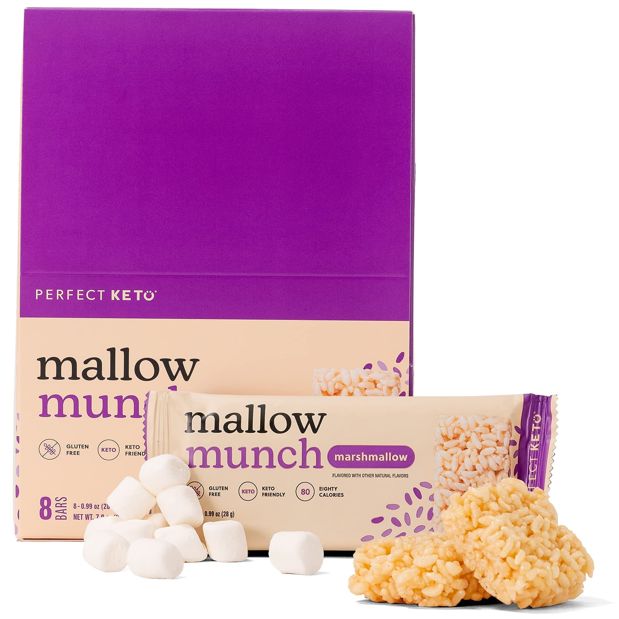 Perfect Keto Mallow Munch, Gluten Free, Cereal Bars, Breakfast Bar, Rice-Free, Low Sugar, Low Carb, Crispy, High Protein Snack, Healthy Snacks, 9g Protein, 2g Net Carbs, Original Marshmallow, 8 Pack