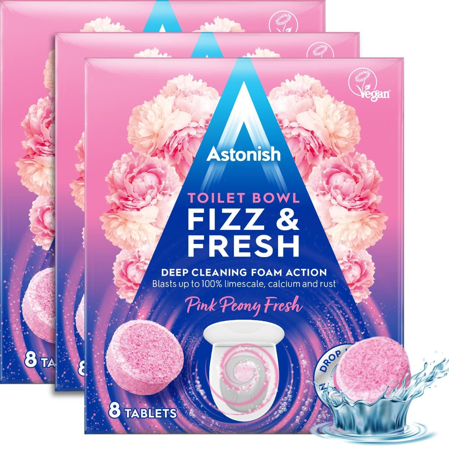 Astonish Foaming Pink Peony Toilet Bowl Cleaner - Deep Cleaning Limescale, Calcium & Rust - No Bottle, Removes Hard Stains - Box of 8 Tablets (3 Pack)