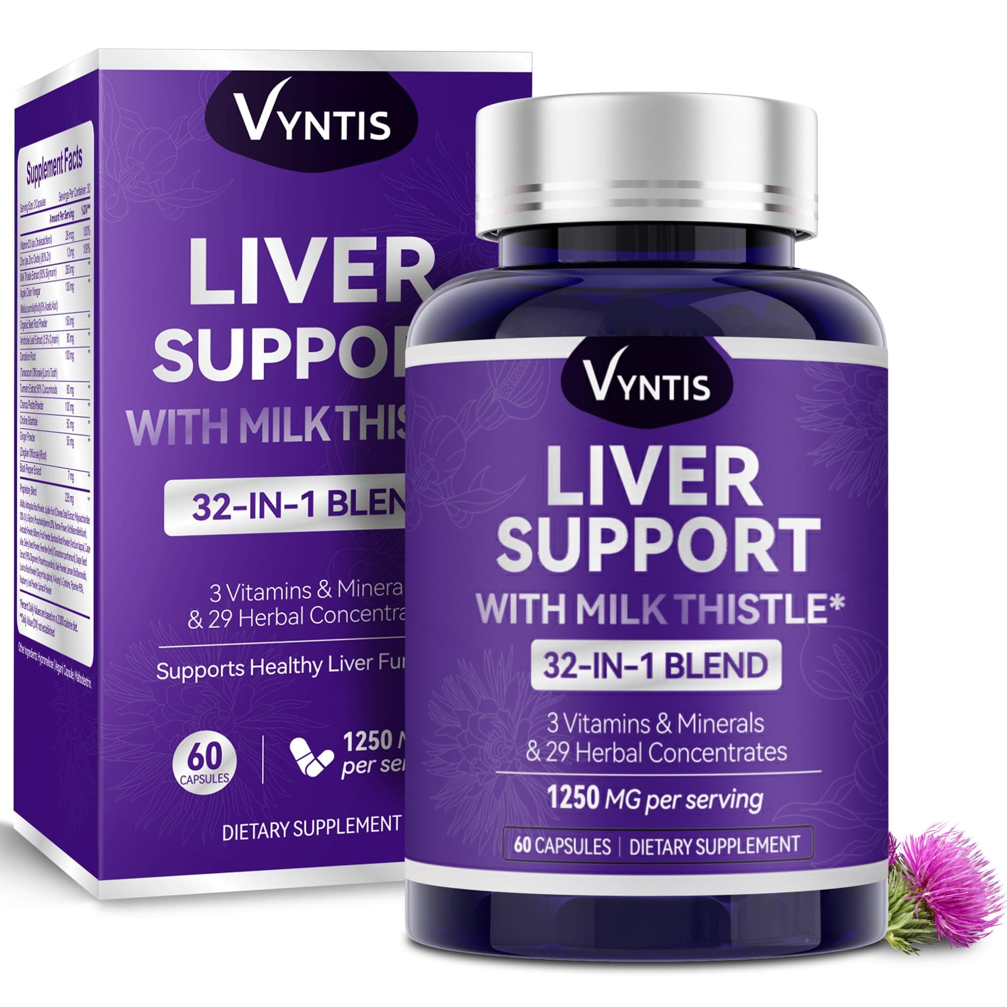 32-in-1 Liver Cleanse Detox & Repair - Liver Support Supplement with Milk Thistle, Artichoke Extract, Dandelion Root & Beetroot Powder for Liver Health - 1250mg per Serving (60 Capsules)