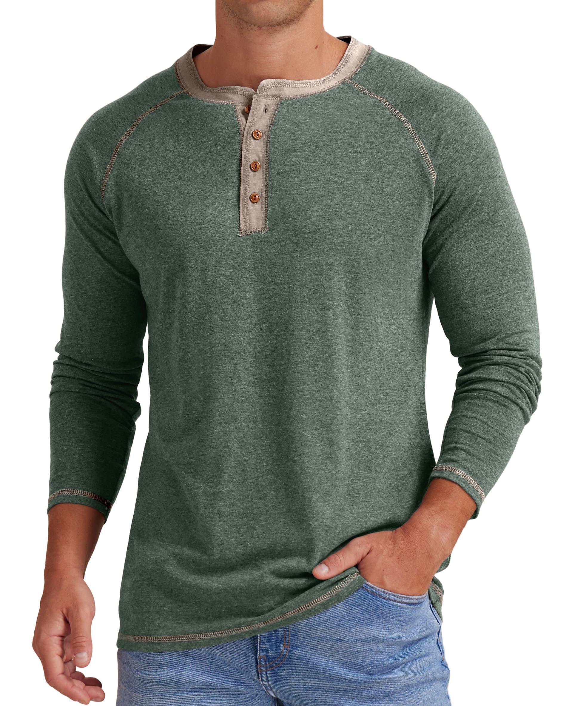 Mens Henley Long/Short Sleeve T-Shirt Cotton Casual Shirt
