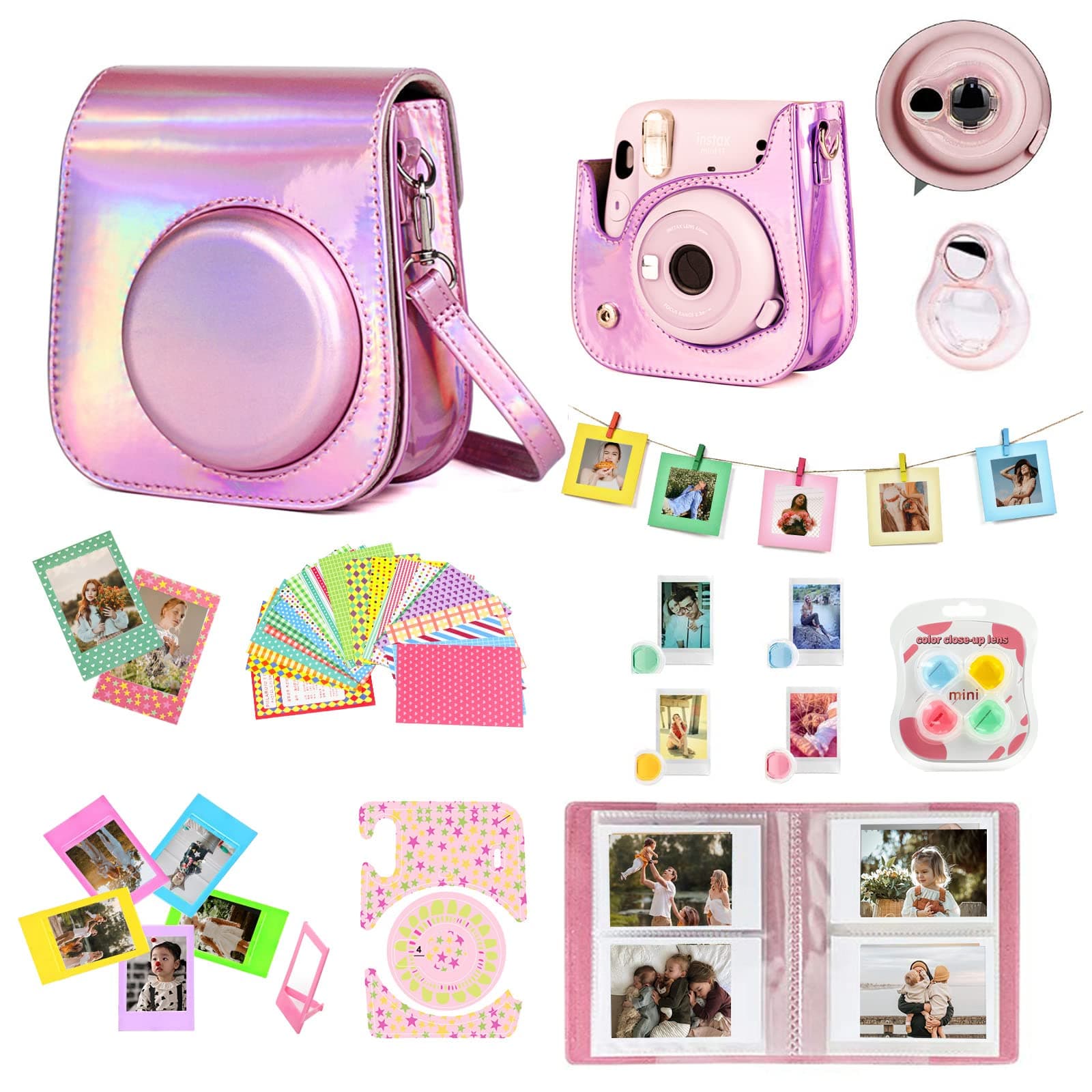 WOGOZAN Mini 11 Accessories for Fujifilm Instax Mini 11 Instant Camera Include Case, Color Filters, Photo Album, 2x3 Frames, Selfie Lens and Stickers (Magic Pink) (No Camera)