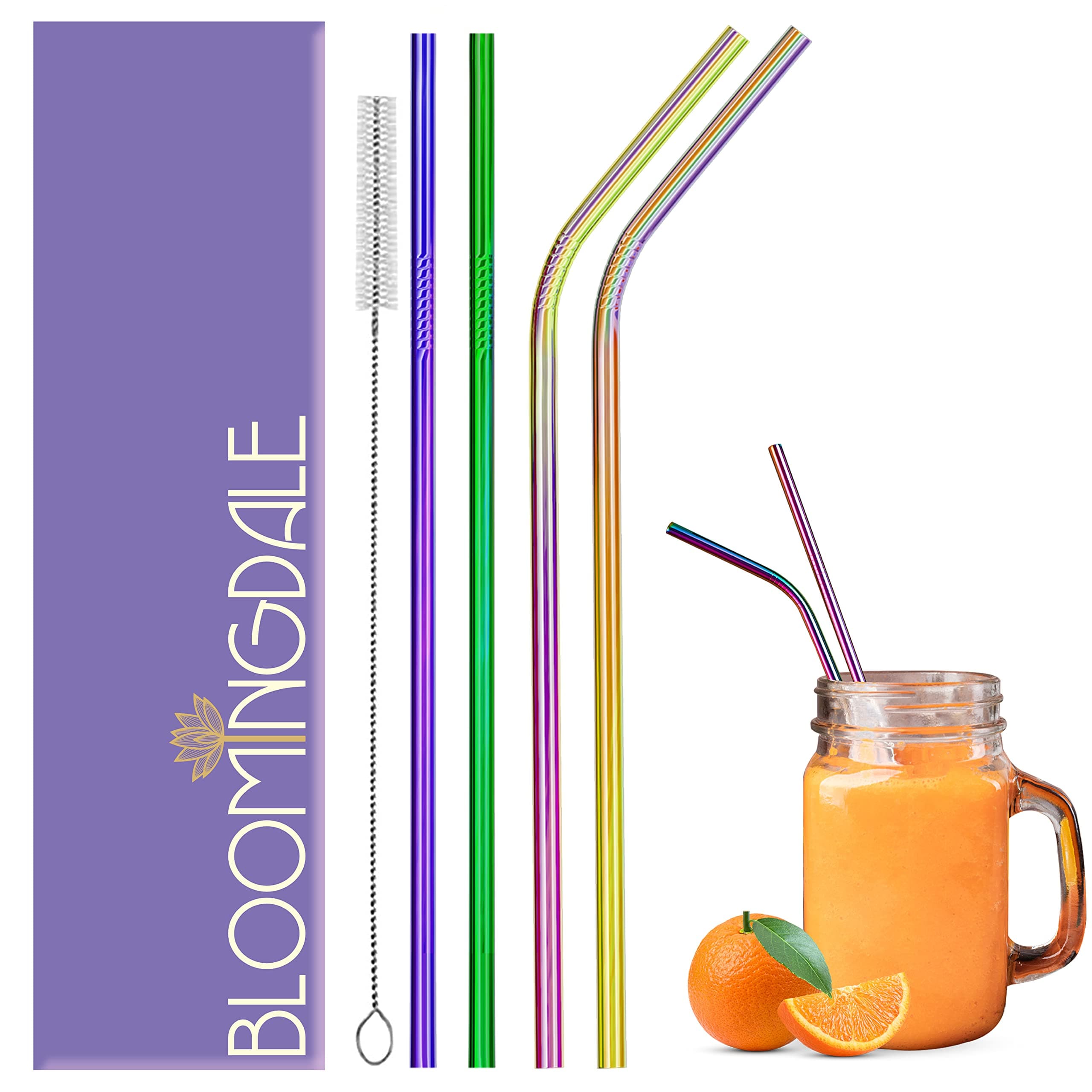 Bloomingdale Stainless Steel Straw Set Reusable Metal Straws with Cleaning Brush Long & Bent Drinking Straw for Bottle, Tumbler, Kids Sipper Rainbow Finish - Pack of 5