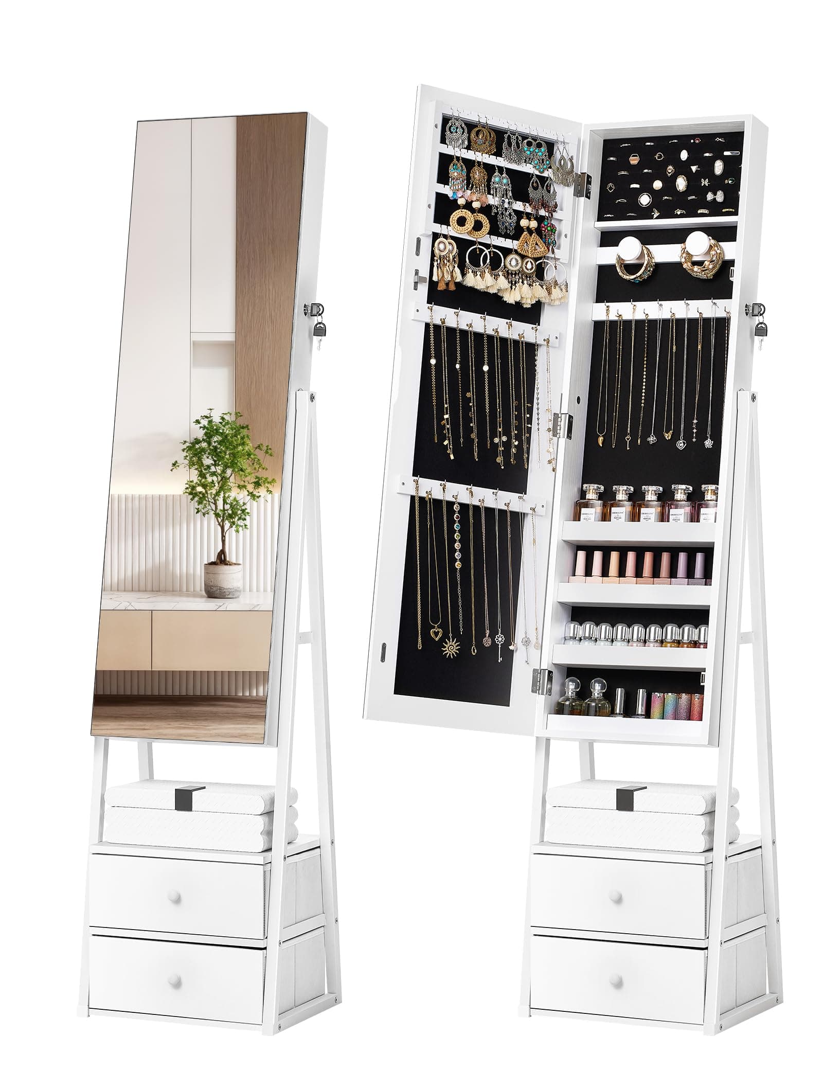 Nicetree Jewelry Cabinet Armoire with 2 Drawers, Lockable Standing Mirror Jewelry Cabinet, Full Length Mirror with Jewelry Storage, Christmas Gifts, White