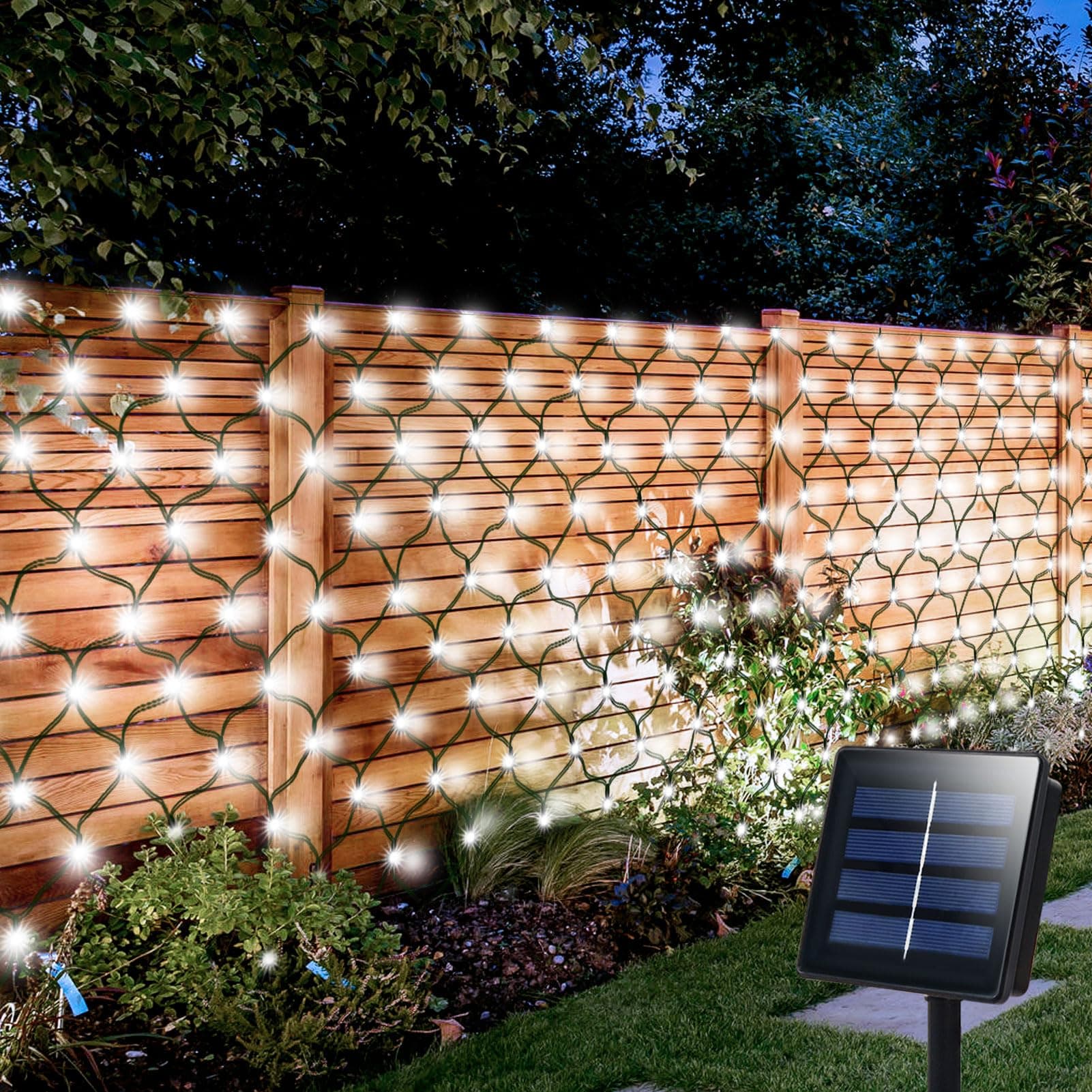echosari Solar Net Lights Outdoor, 100 LED 5Ft x 5Ft Bush Net Light Outdoor Mesh Lights Auto On/Off 8 Modes for Tree Fence Wall Roof Backyard Bush Decor (Cool White)