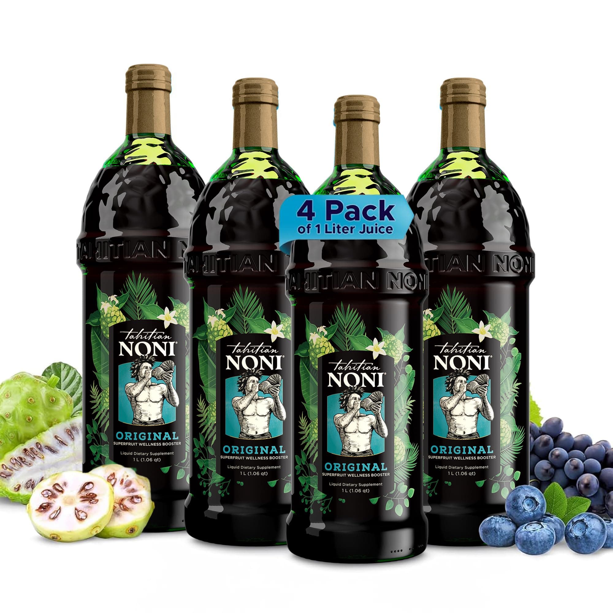 Juice by Morinda – Original Pure Noni Fruit Blend with Blueberry, Grape Extracts – Healthy Superfood Vitality Daily Wellness Drink – 4 Pack of 1L Bottle