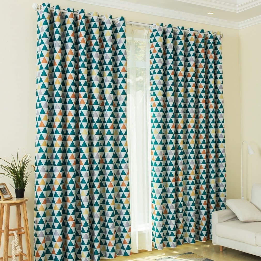 KINLO 2 Panels Thermal Insulated Blackout Curtains with Eyelet 145 x 245 cm Blue Triangle Pattern 100% Polyester Blackout 80% Energy Saving & Noise Reducting Curtains