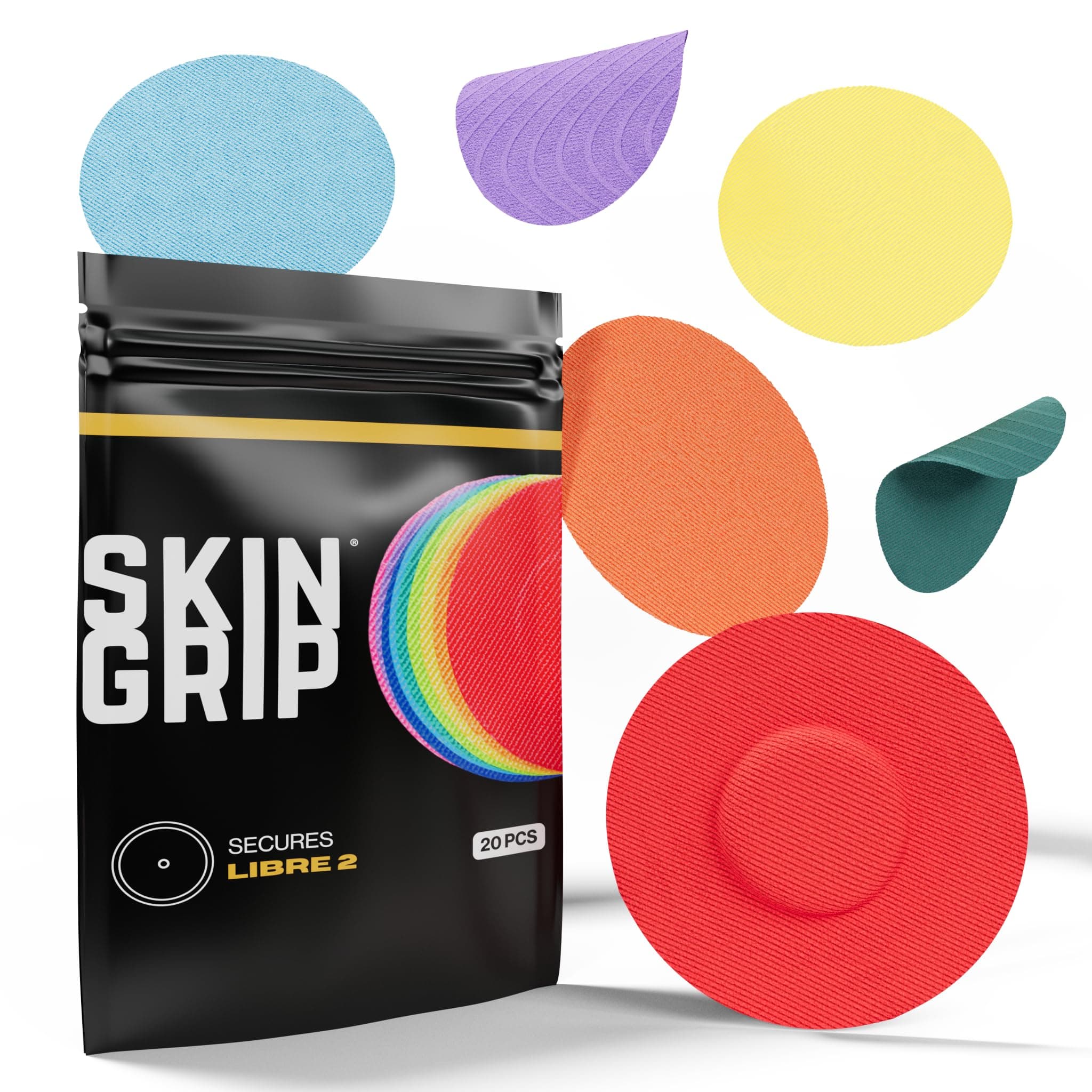 Skin Grip Freestyle Libre 2 Sensor Covers & Lingo CGM – Waterproof and Sweatproof Adhesive for 10-15 Days, Pre-Cut Medical Tape, Continuous Glucose Monitor Patch – 20 Pack, Rainbow Pack