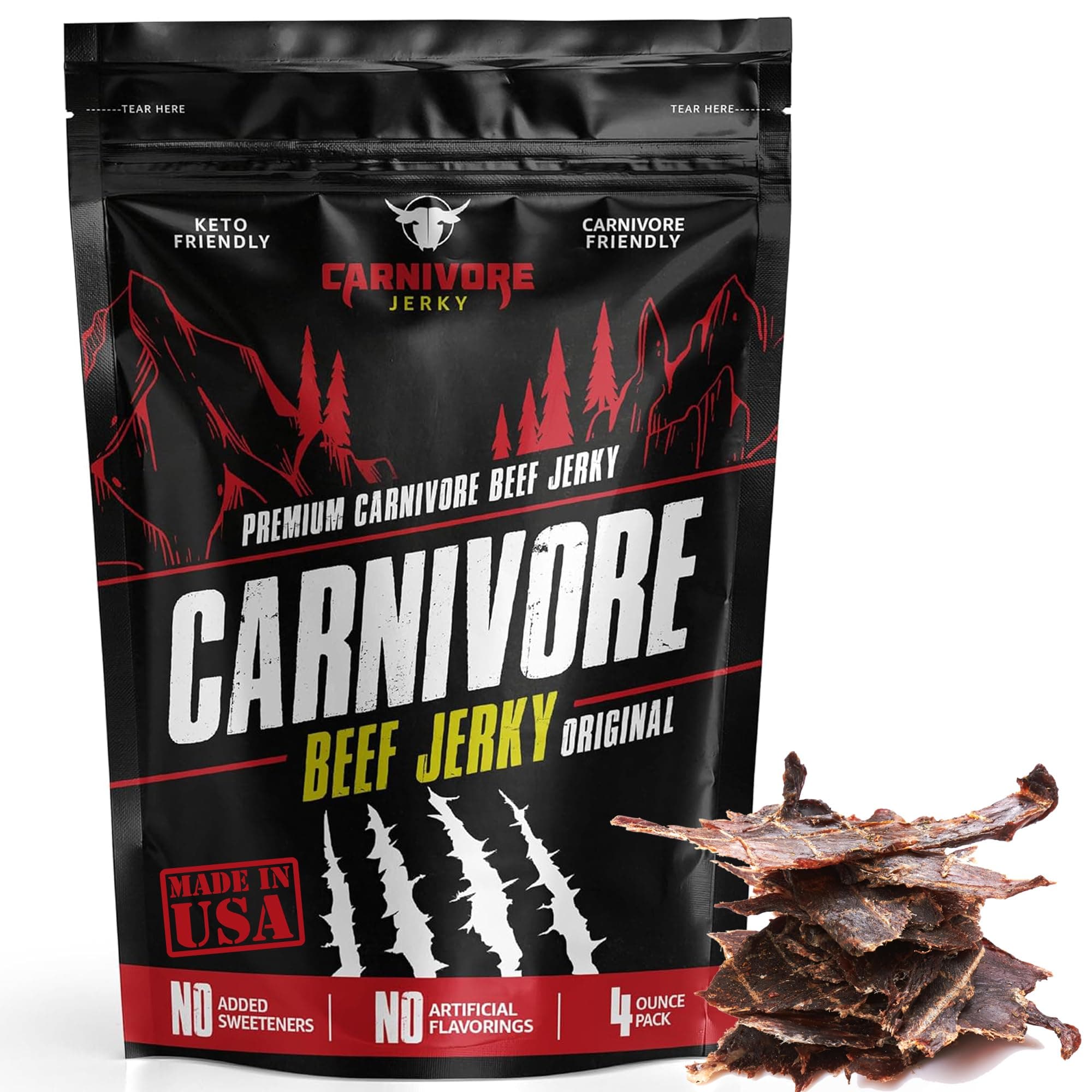Carnivore Jerky | Grass Fed Beef Jerky - 3 Simple Ingredients - All Natural Carnivore Diet Snack - Sugar Free Keto Friendly Protein - Made with Bone Broth & Sea Salt