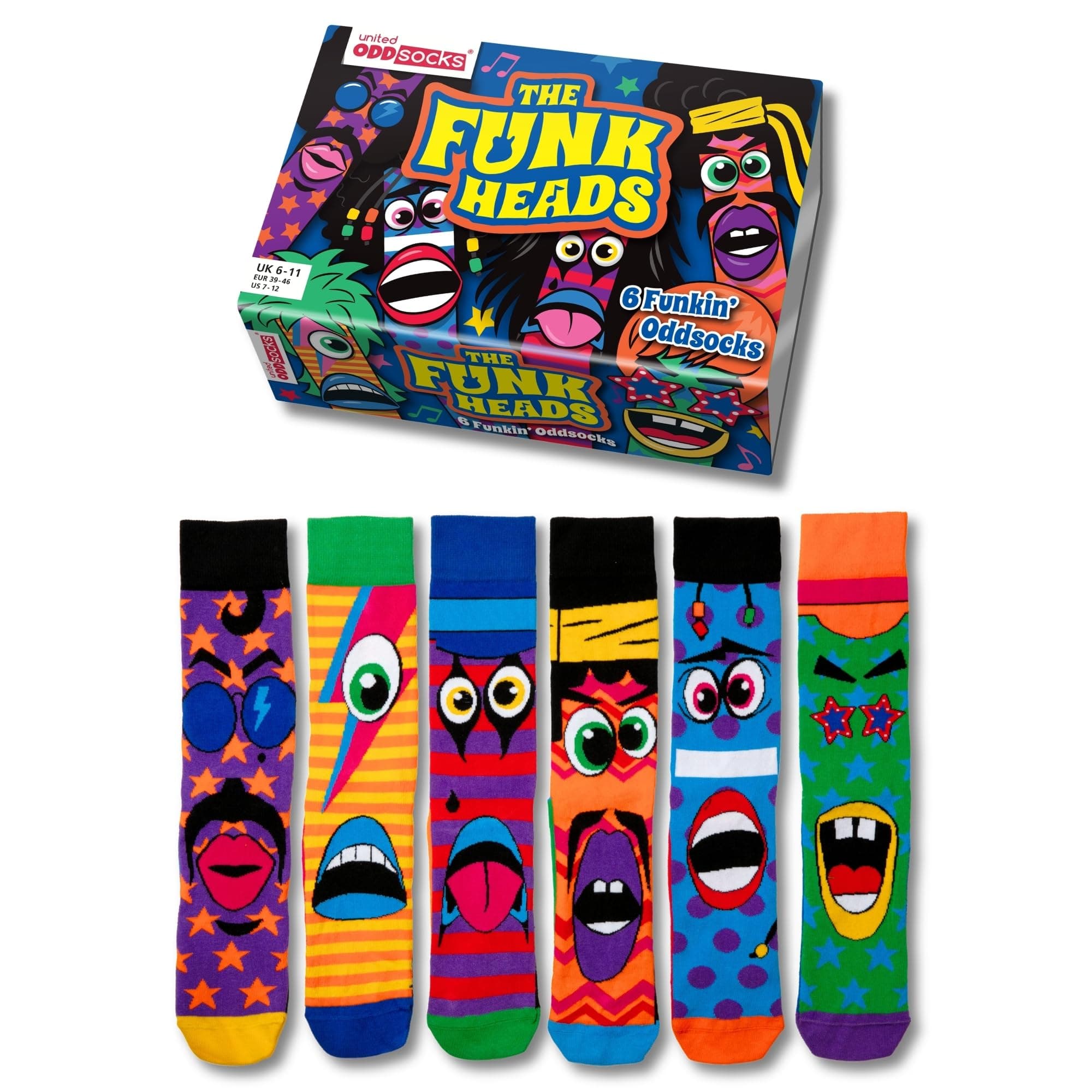 The Funk Heads - Box of 6 Individual Socks Mens Oddsocks US 7-12