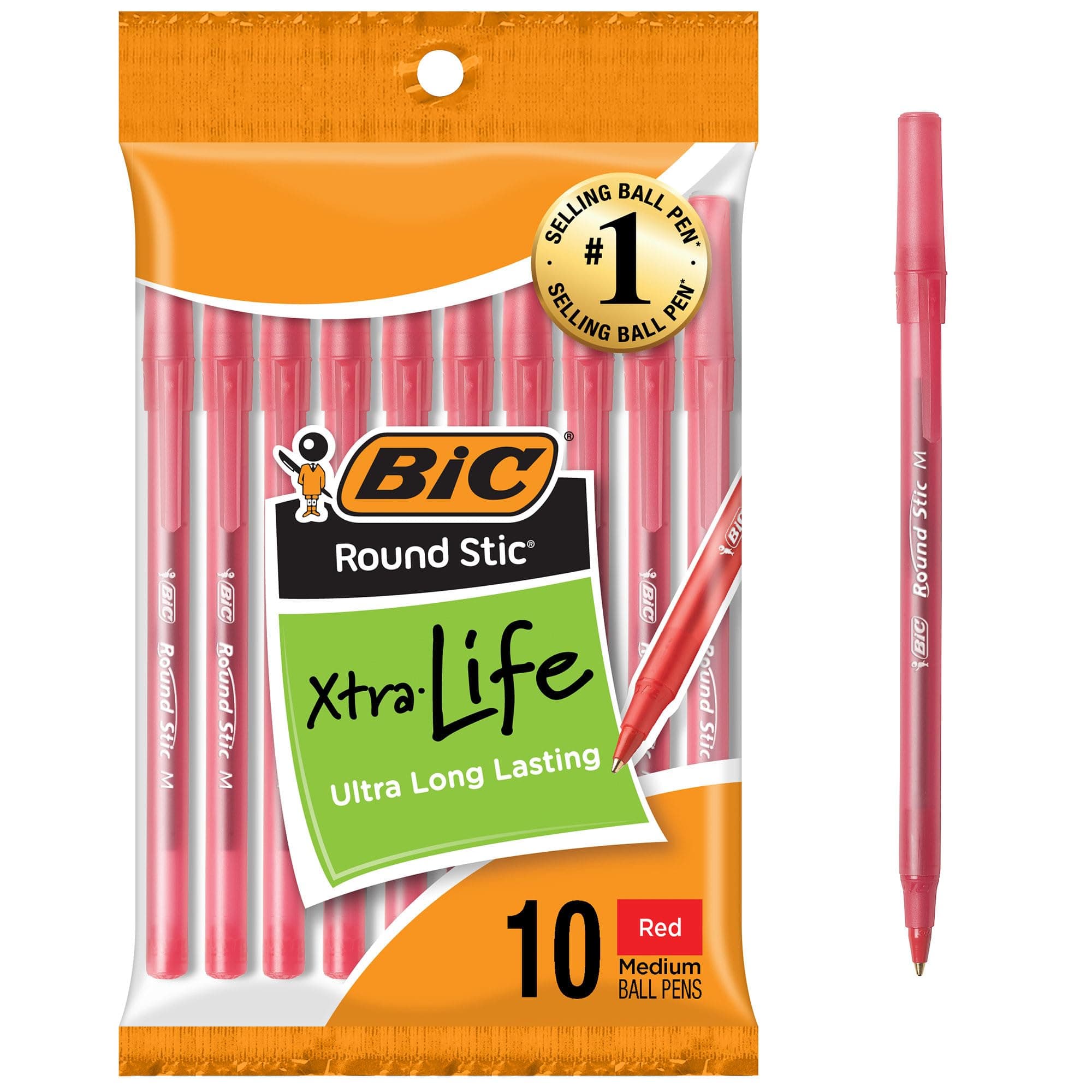 BIC Round Stic Xtra Life Red Ballpoint Pens, Medium Point (1.0mm), 10-Count Pack of Bulk Pens, Flexible Round Barrel for Writing Comfort, No. 1 Selling Ballpoint Pens
