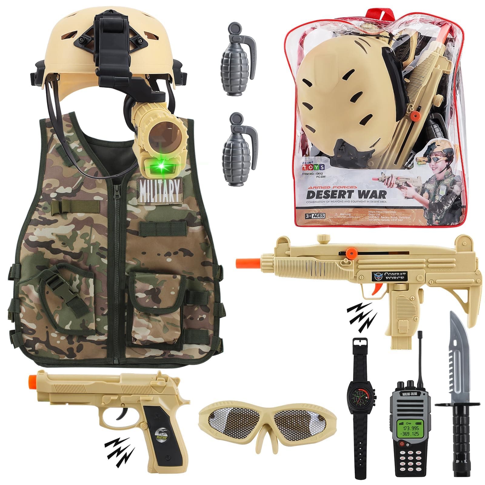 deAO Military Soldier Camouflage Desert War Costume Set with Helmet, Toy Shotgun, Grenades, Accessories, and Storage Backpack, Army Roly Play Toys, Washable Soldier Dress- Great Gift for Kids