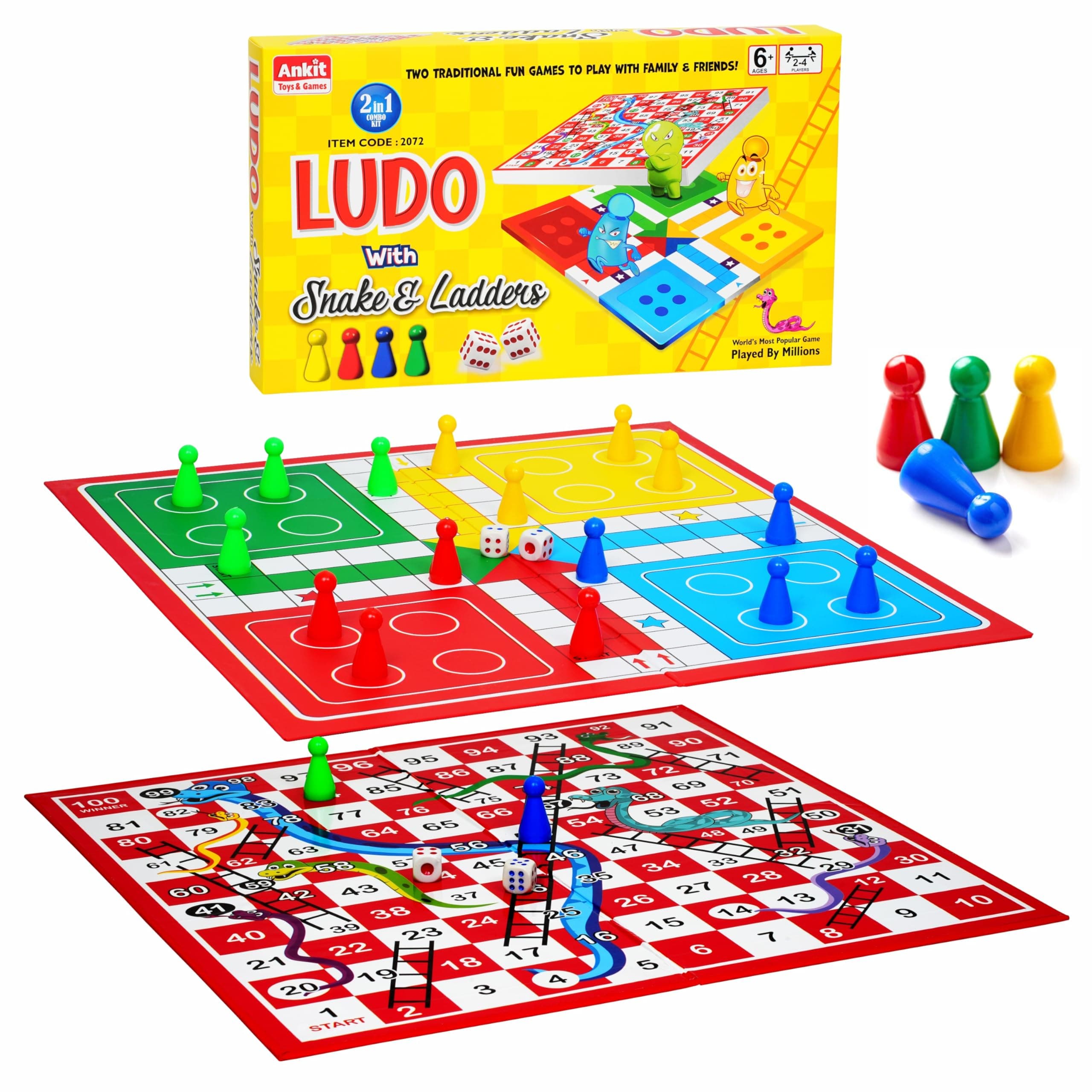 Ankit Toys & Games 2-in-1 Ludo, Snakes & Ladders Senior Classic Tabletop Family Board Games for 6+ Years Kid & Adults Double Sided Playing Board, 1 Dice, 16 Pawns Indoor 4 Players Gift Set for Kids