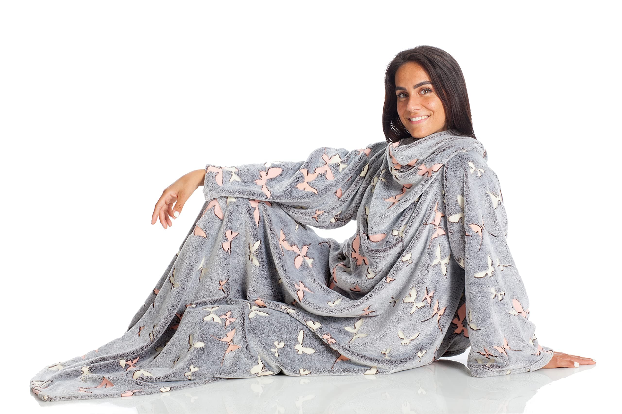 Kanguru Deluxe Glow in the Dark Stars Butterflies, fluffy blanket, fleece blanket, blanket with sleeves with Kangaroo pocket, for women, throw blanket, Gray, 140x180 cm