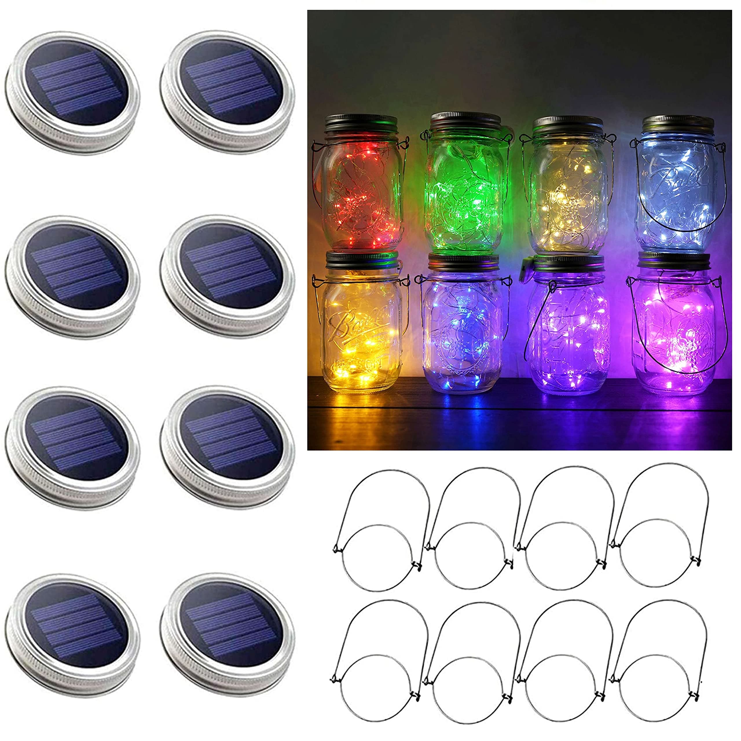 30LED Solar Mason Jar Lights, 8 Pack Jar Lid String Lights (No Jars), Waterproof Fairy Firefly Light for Garden, Patio, Outdoor, Yard, Lawn Decor(8 Colors)