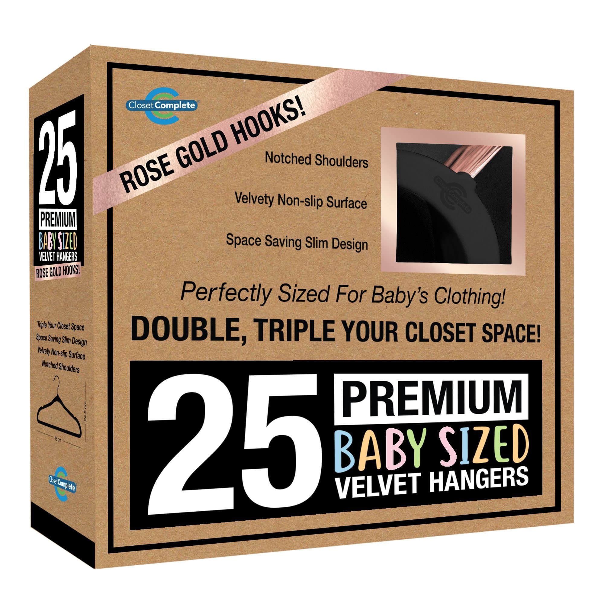 Baby Velvet Hangers, Premium Quality, True-Heavyweight Virtually-UNBREAKABLE, Ultra-Thin Space Saving No-Slip, Perfect Size for Baby 0-48 months 360° SPIN, ROSE GOLD Hooks, BLACK, 25pc