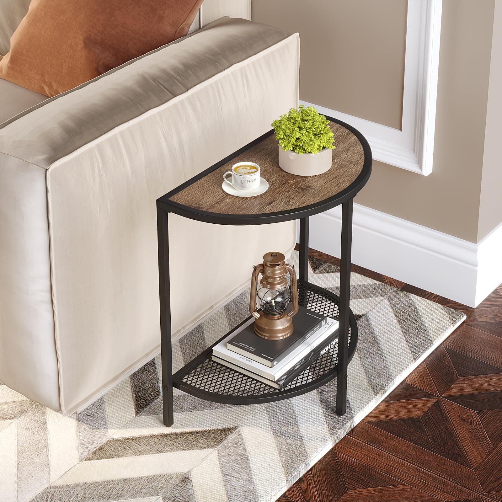 Small Side Table 19.7'' Half Moon Side Tables for Living Room 18.7"*10.4" Unique Bed Night Stand for Home Balcony 2 Tier Couch Tables with Storage Shelf, Adjustable Feet, Boho Dark Walnut