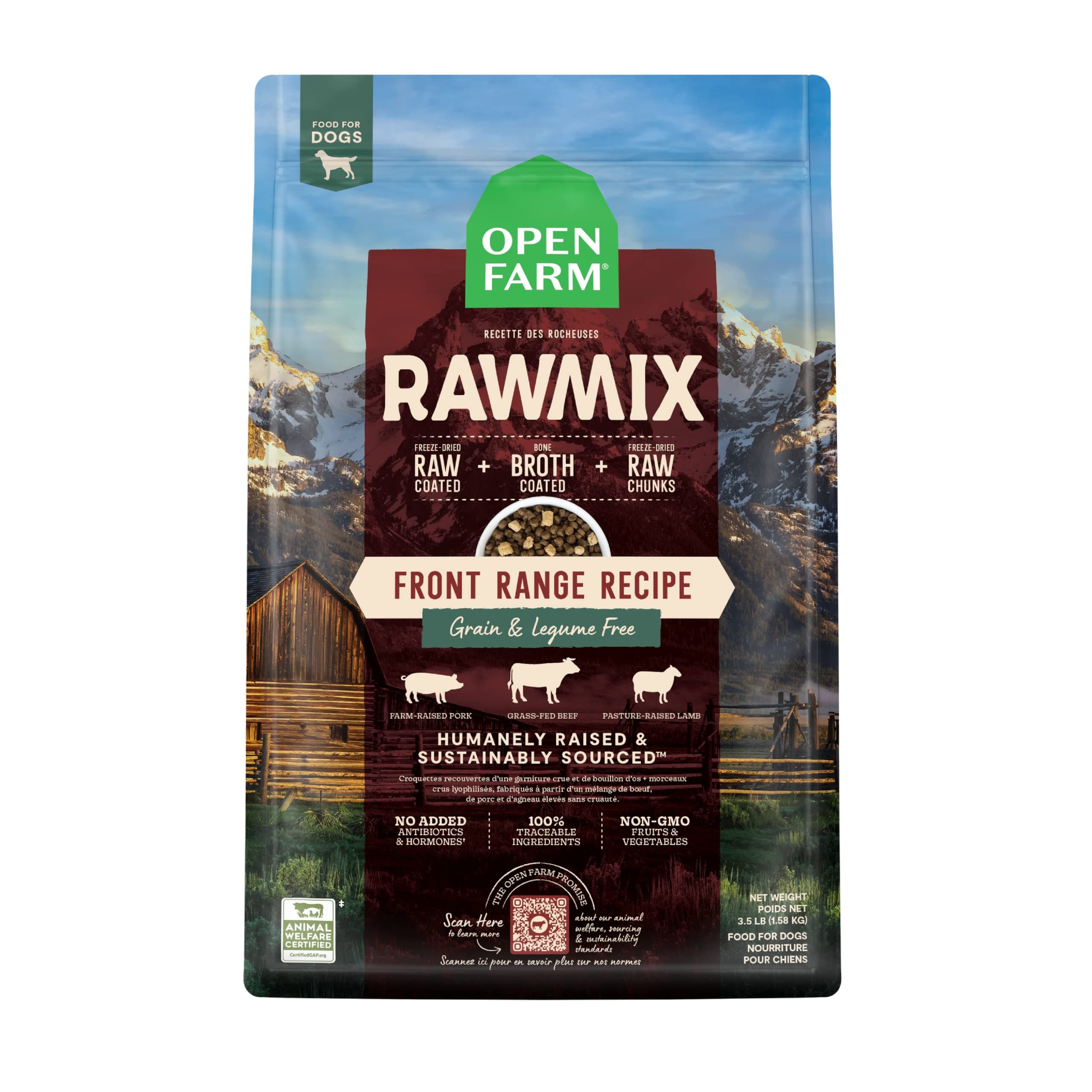 Open Farm, RawMix Grain-Free Dry Dog Food, Protein-Packed Kibble Coated in Bone Broth with Freeze Dried Raw Chunks, Beef Pork & Lamb, Front Range Recipe, 3.5lb Bag