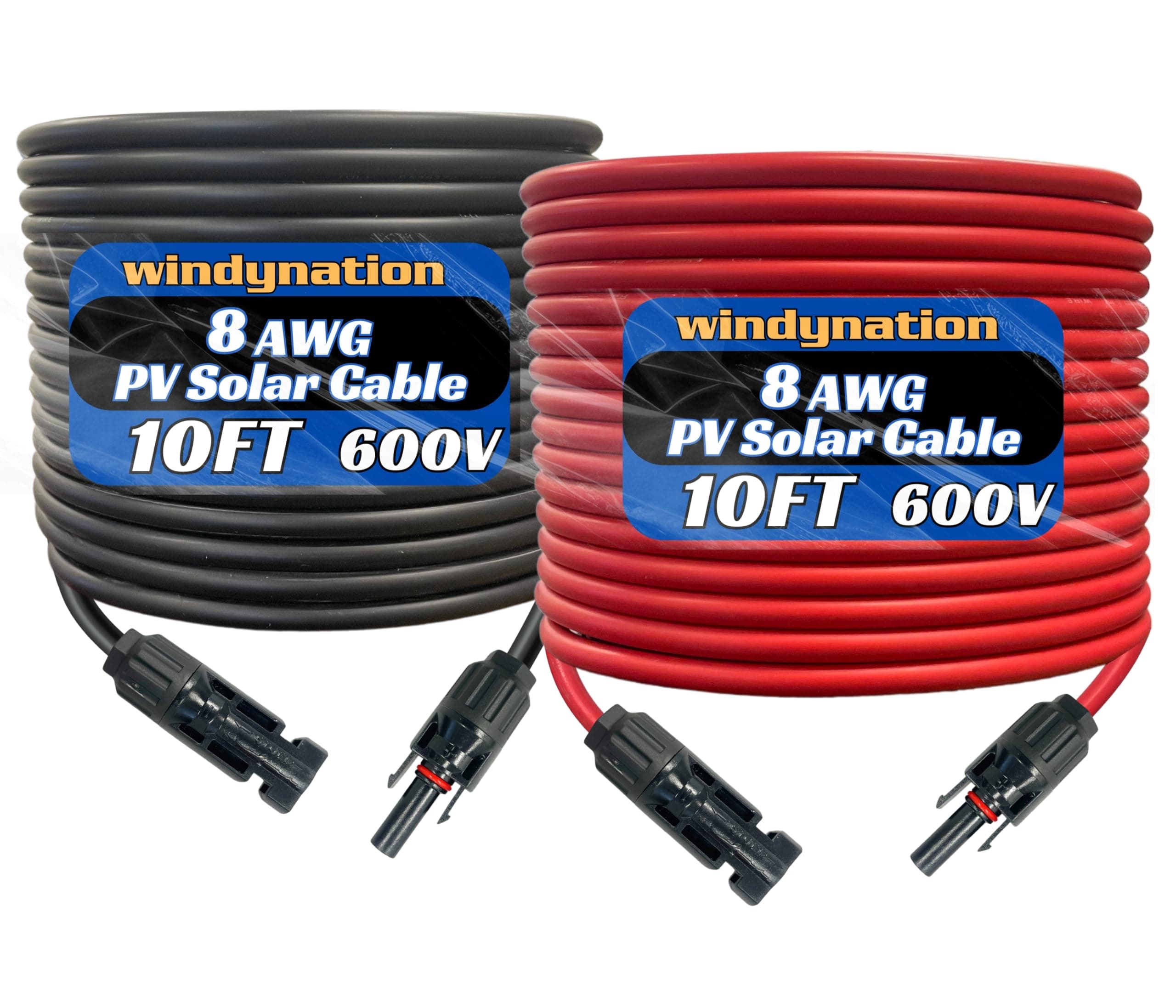 WindyNation 8 AWG 8 Gauge Pair 10 Feet Black + 10 Feet Red Solar Panel Extension Cable Wire Solar Connector (Variety of Lengths Available)