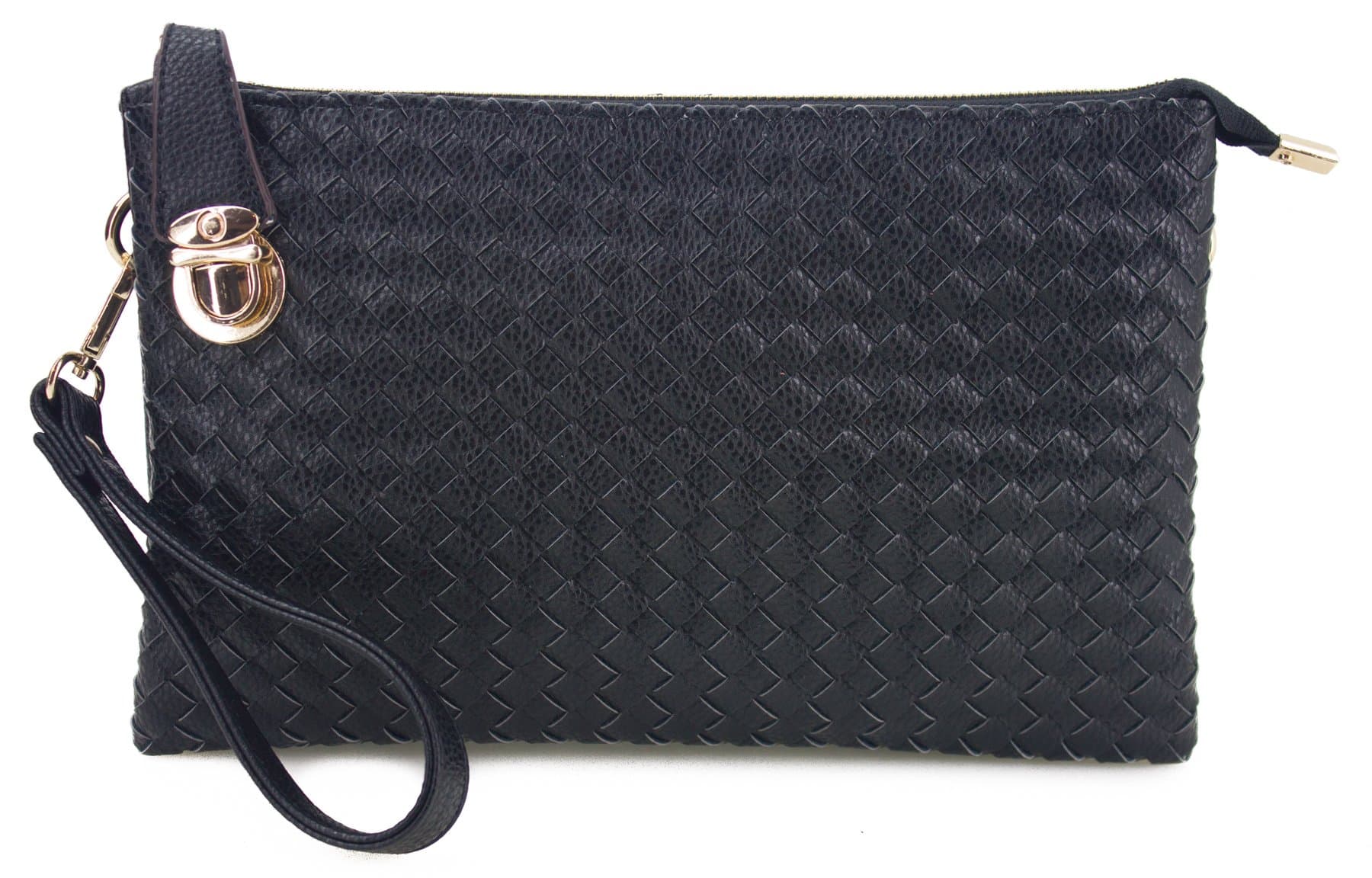 Collection Buckle Lock Woven Leather Large Wristlet Clutch