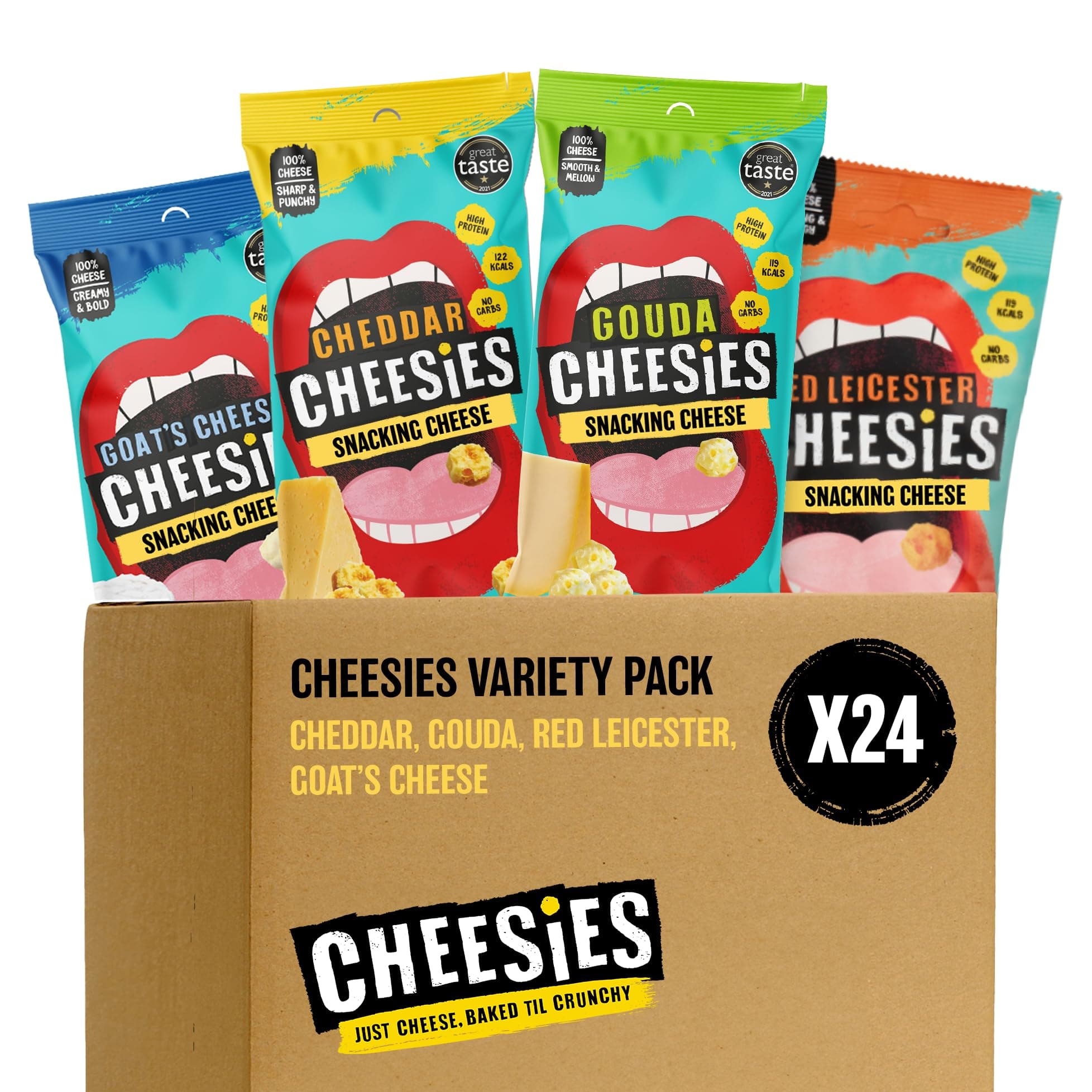 CHEESIES | Crunchy Snacking Cheese Keto Snack | Variety Pack | 100% Cheese | Sugar Free, Gluten Free, No Carb | High Protein and Vegetarian | Crunchy, Baked and Tasty | Multipack (20 g (Pack of 24))