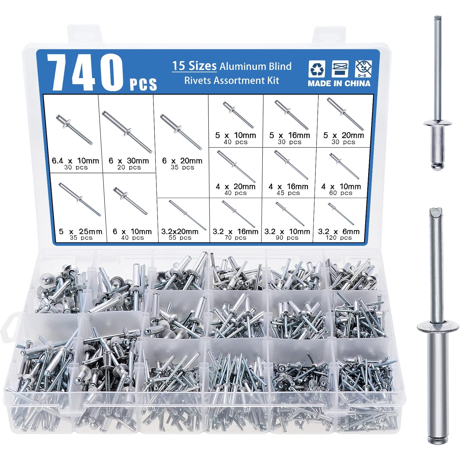 740pcs Aluminum Blind Rivets Kit 15 Sizes,6.4mm/6mm/5mm/4mm/3.2mm Aluminum Blind Rivets Dome Head Rivet Open End Pop Rivets Core Pulling Rivets for Furniture Machinery Electrical appliances