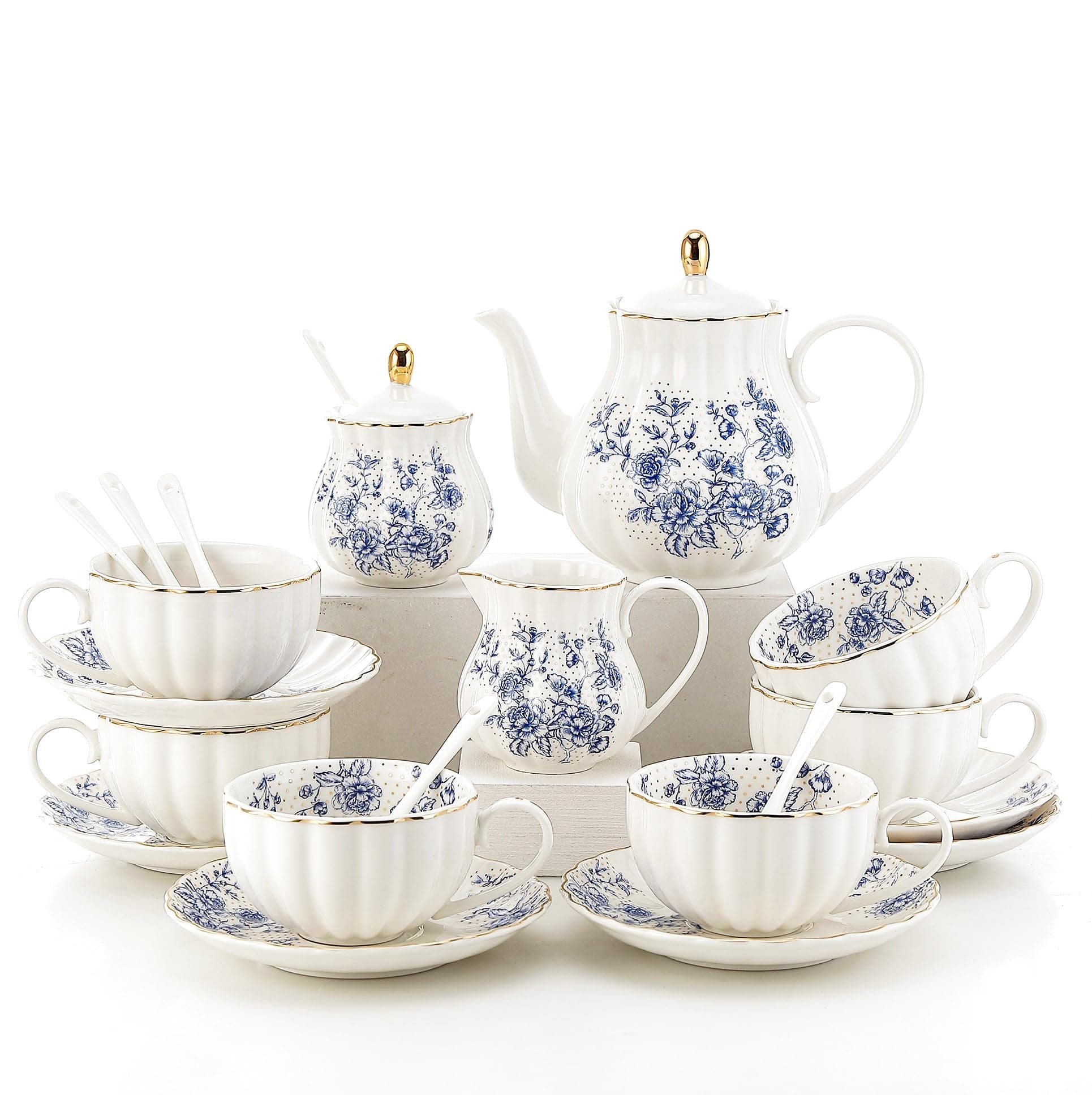 Bloosnow 22 Pieces Porcelain White Tea Sets for Adult,Gold British Tea Set for Women,European Tea Set for Party,White Coffee Cup (Blue), just right size, HFB0001P