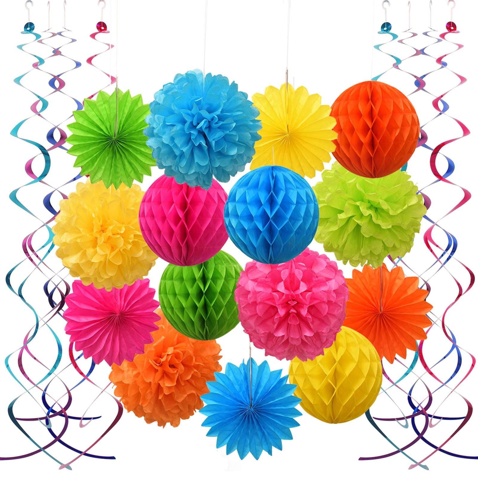 Colorful Paper Party Decorations, Tissue Paper Flower&Party Pom Poms wth Swirl Streamers, Premium Material with Vivid Colors, Hanging Décor for Birthday/Wedding/Bridal Shower/Bachelorette