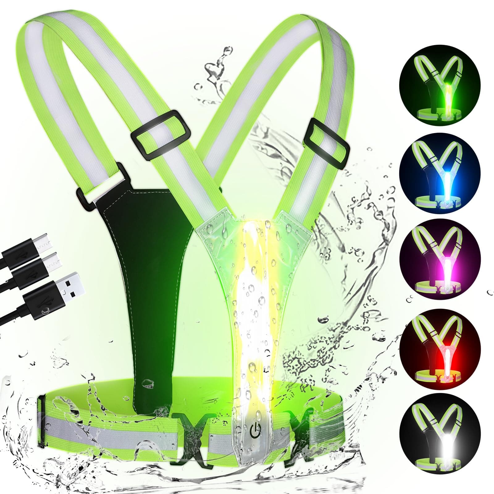 LED Reflective Vest Running Gear, 5 Colors Lights Up Running Vest for Night Walking Cycling Jogging, Rechargeable and High Visible Reflective Running Gear, Adjustable Size for Men Women Kids